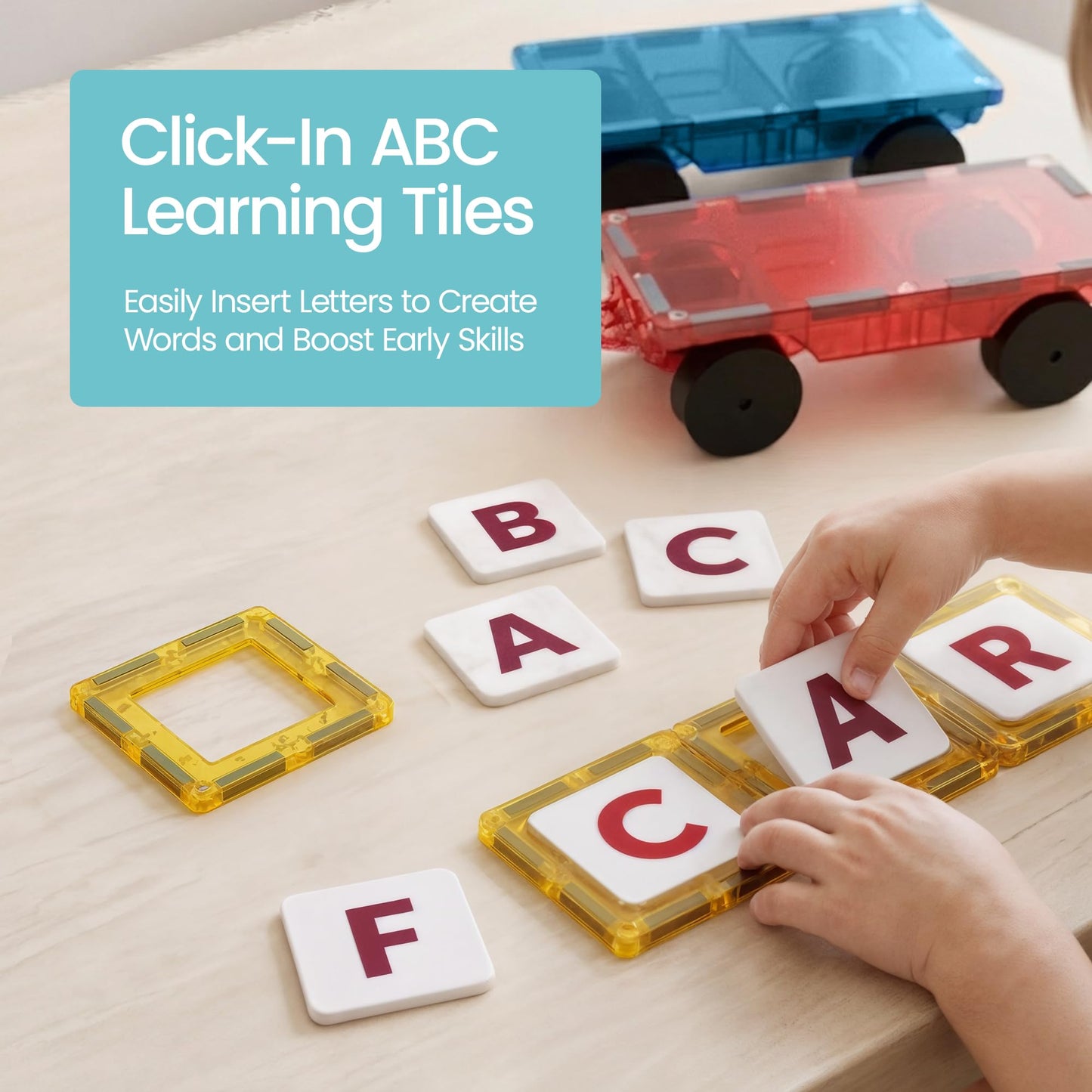 Playmags Magnetic Tiles for Kids 100-Piece Set, STEM Educational Building Blocks Toys for Kids, Includes Click-in ABC Learning Tiles, Gift for Boys & Girls, Add on Magnetic Figures, Car Set Available