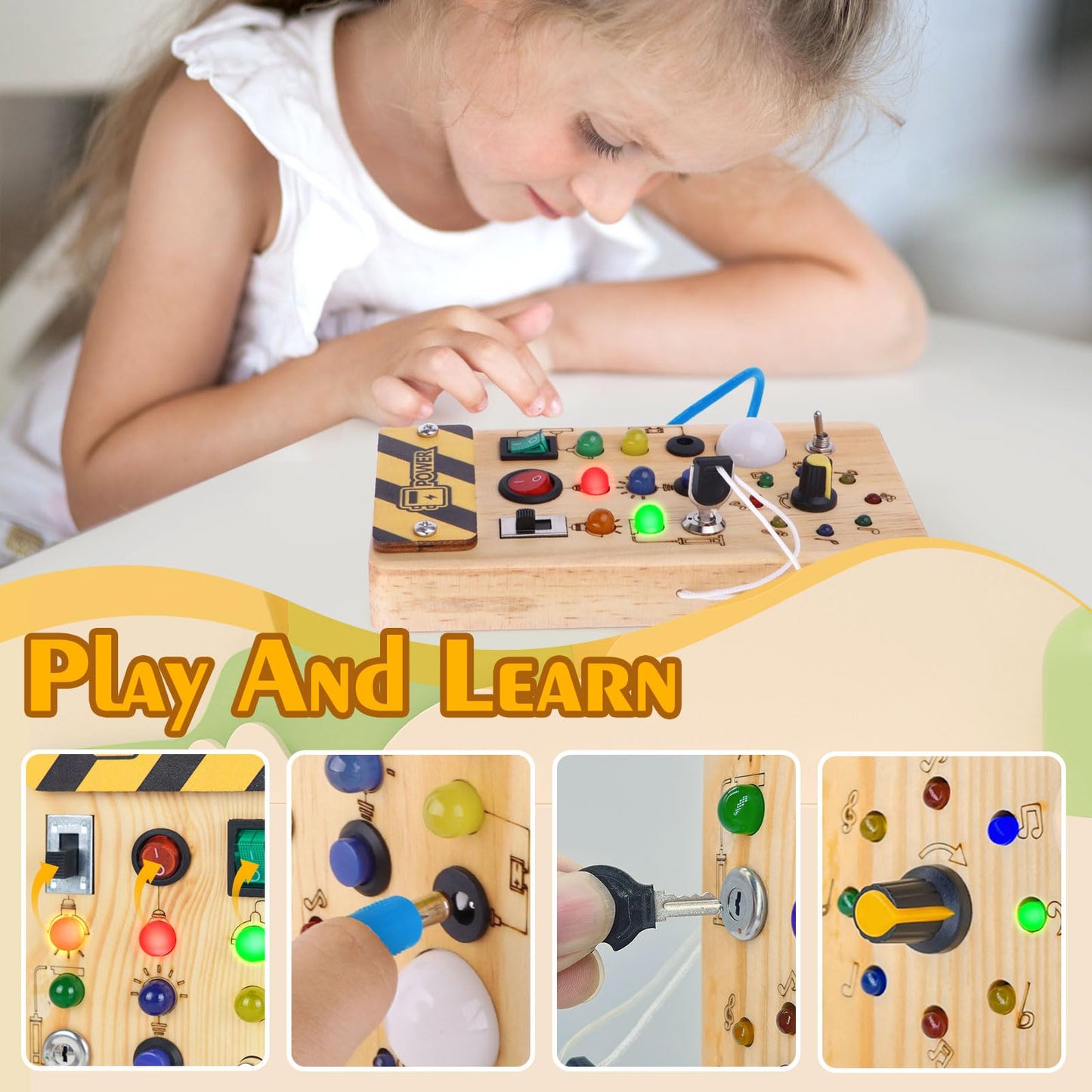 Hoarosall Montessori Wooden Busy Board with 8 LED Light switches, Sensory Toys Light Switch Travel Toys for 1+ Year Old Baby and Toddler
