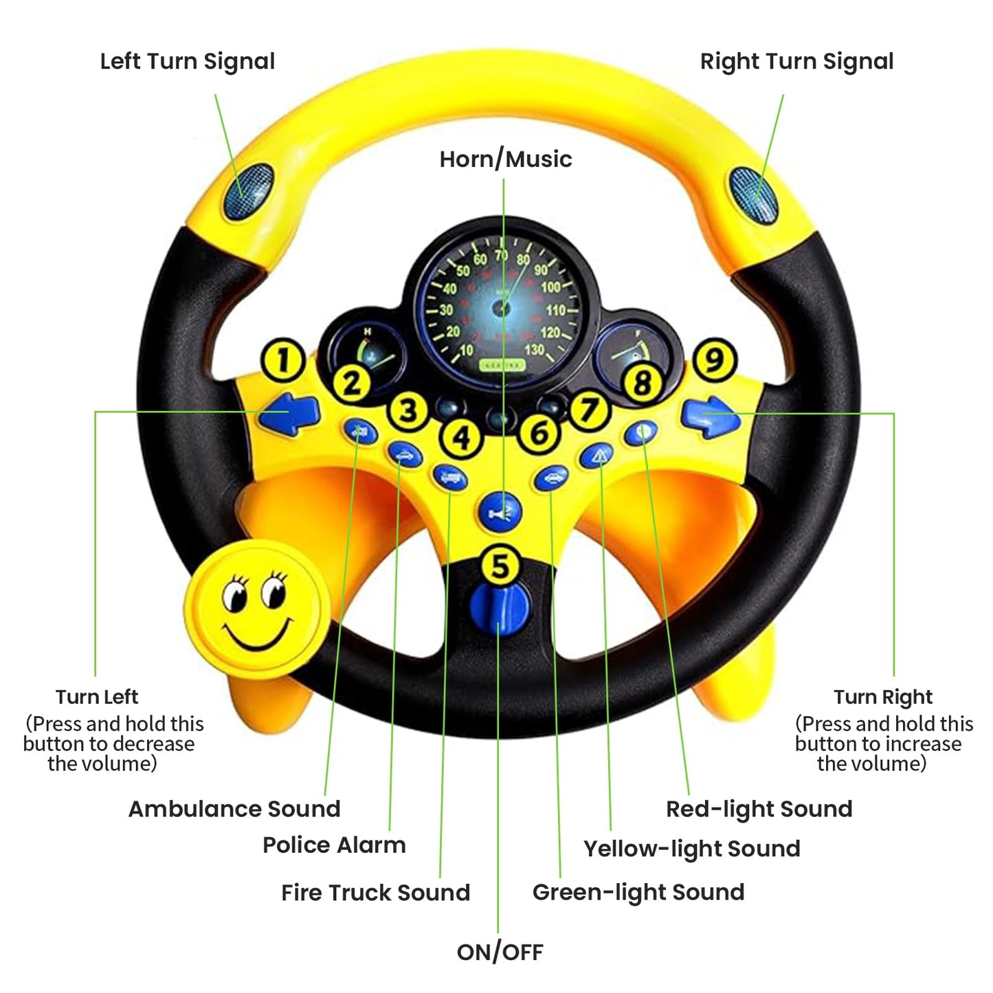 YIYZAOF Kids Steering Wheel Toy for Car Backseat with Light and Music,Suction Cups Base-Interactive Simulated Driving Toy Steering Wheel for Kids Boys Girls,Yellow