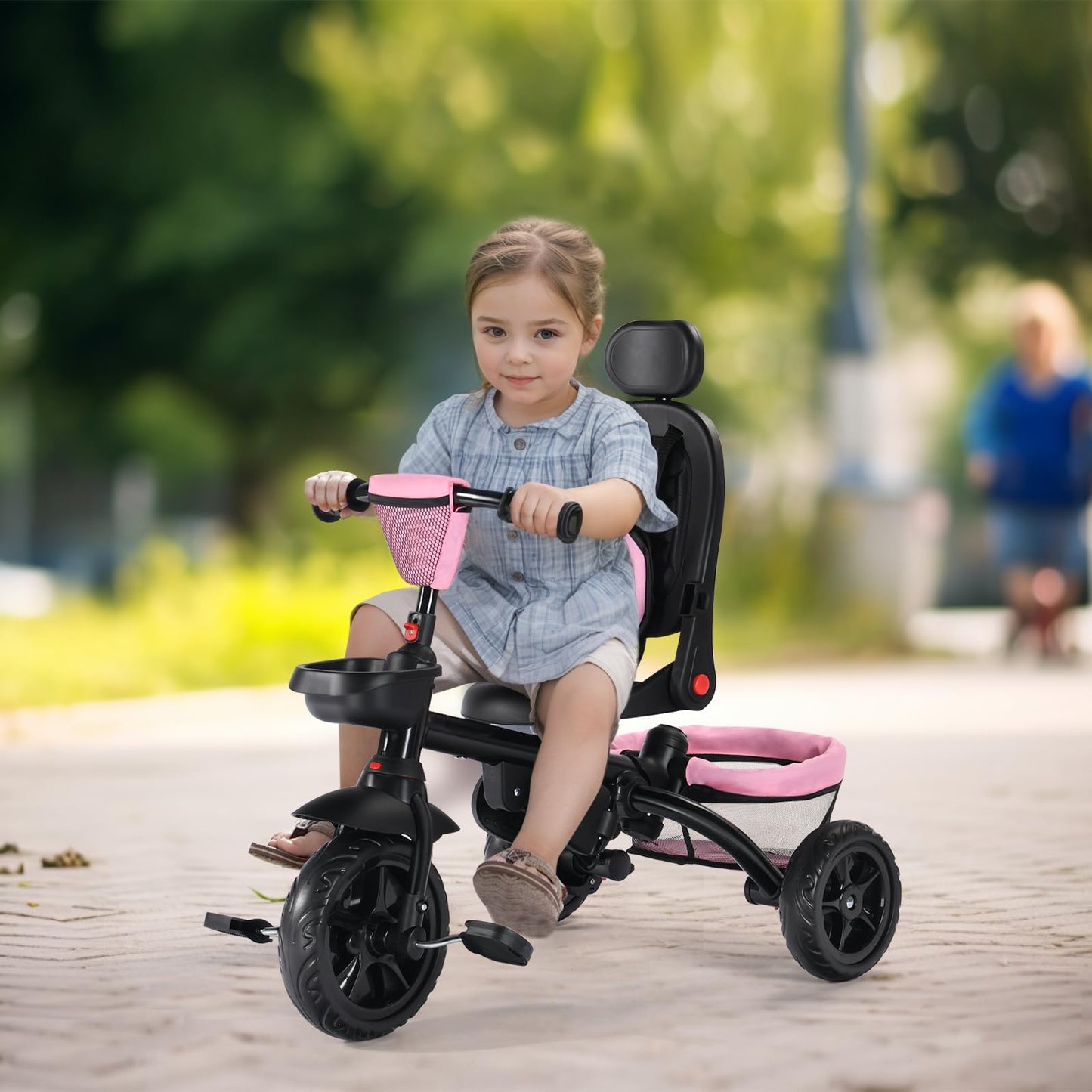 Kinder King Kids Tricycle, 7 in 1 Folding Toddler Trike w/Adjustable Push Handle, Rotatable Seat, Adjustable Canopy, Safety Harness, Storage, Toddler Bike for Age 6 Months+,Pink