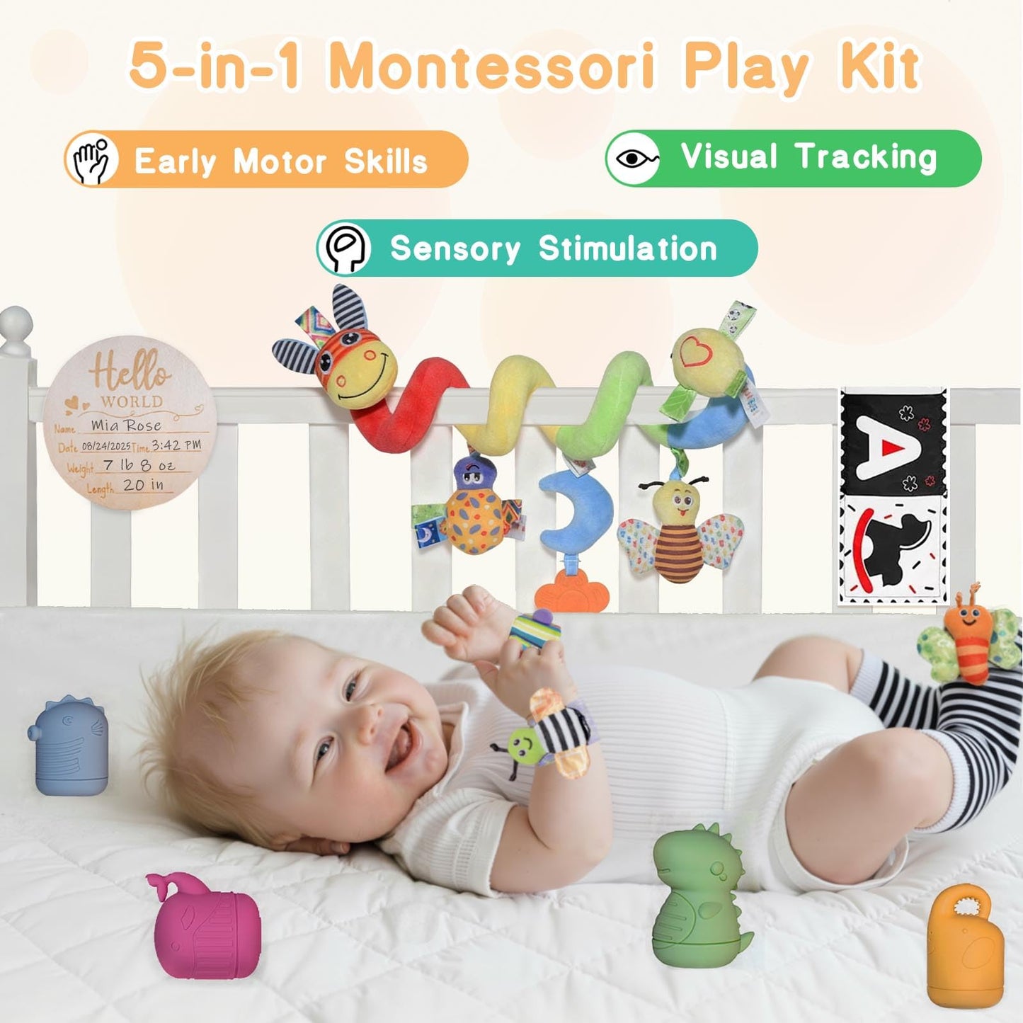 Twefex Wooden Montessori Learning Toy Set, Sensory and Thinking Play Set for Toddlers, 5-in-1 Bath Toys, Cloth Book, Hand and Foot Rattles, and Baby Sensory Toys Soft Hanging