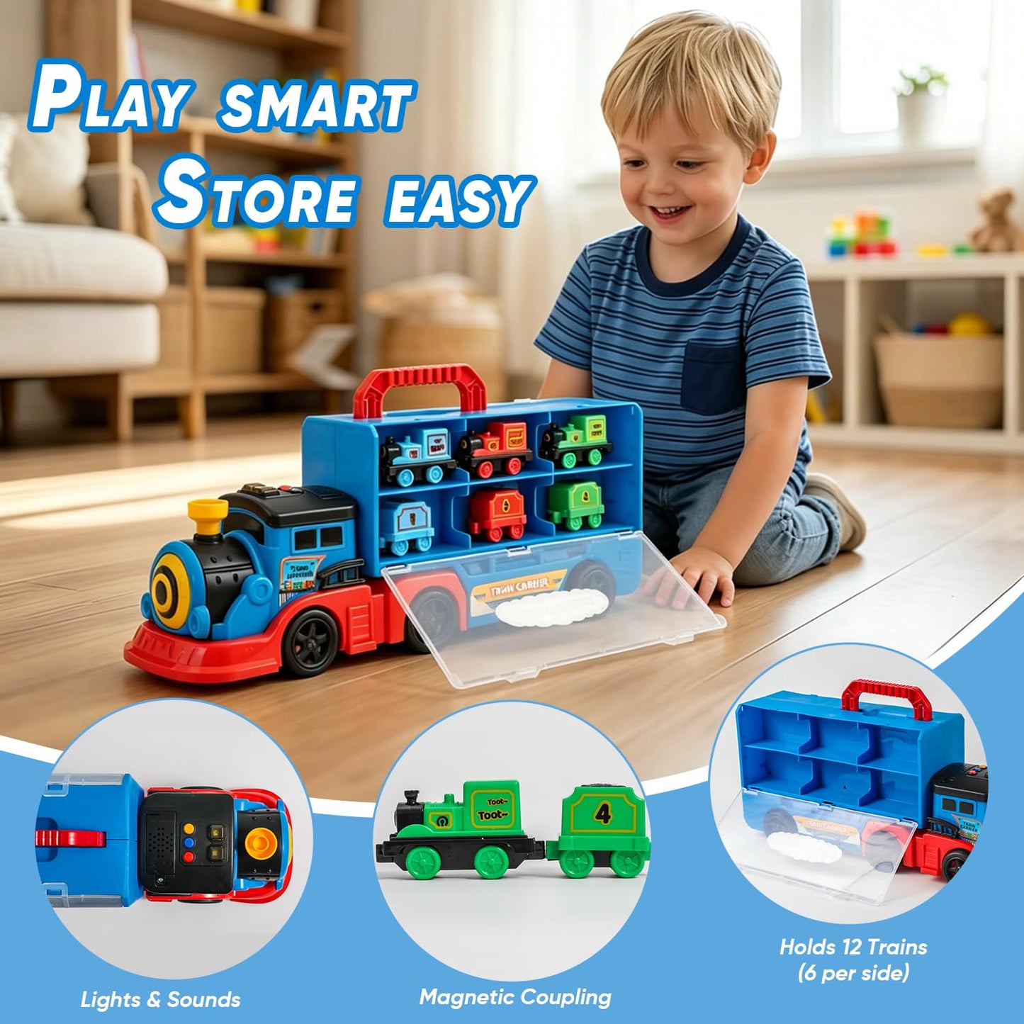 Trucks Toys for Kid 1-3, Transport Truck Car Set with Light and Sound, 1 Transport Toy Trucks, 6 Magnetic Trains, Birthday Gifts for Kids Boys Girls Age 3 4 5+.