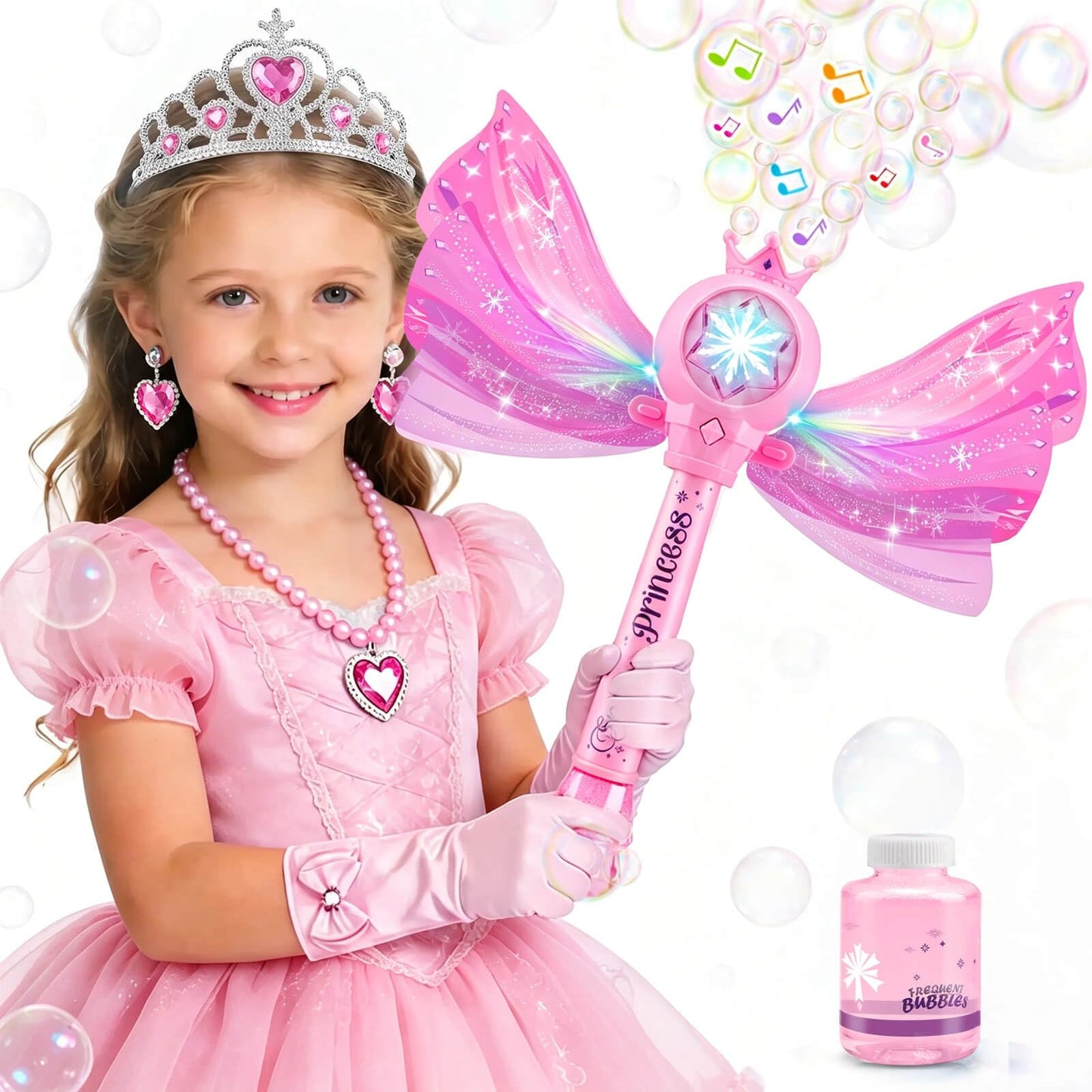 Gretex Bubble Wands for Kids Ages 3-5 Years Old: Girls Dress Up Toys Set Princess Light Up Bubble Wand, Musical Automatic Bubble Blower, Birthday Party Gift for Toddler Girls 3-8 Years Old