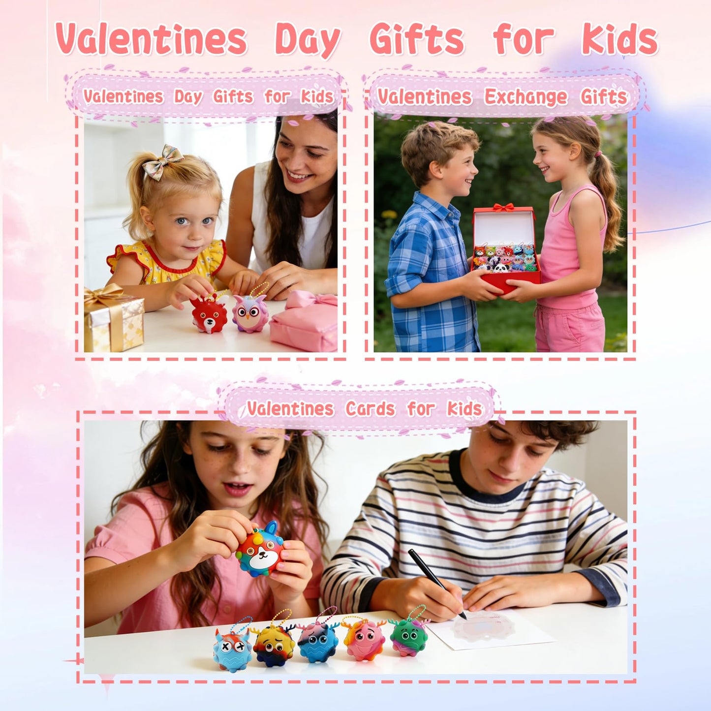 48Pack Valentine Day Gifts for Kids,Valentines Cards with Pop Fidget Toys Bulk 3D Stress Ball, Easter Basket Stuffers,Valentines Classroom Party Favors Exchange Gifts,Treat Prizes Activity for Class