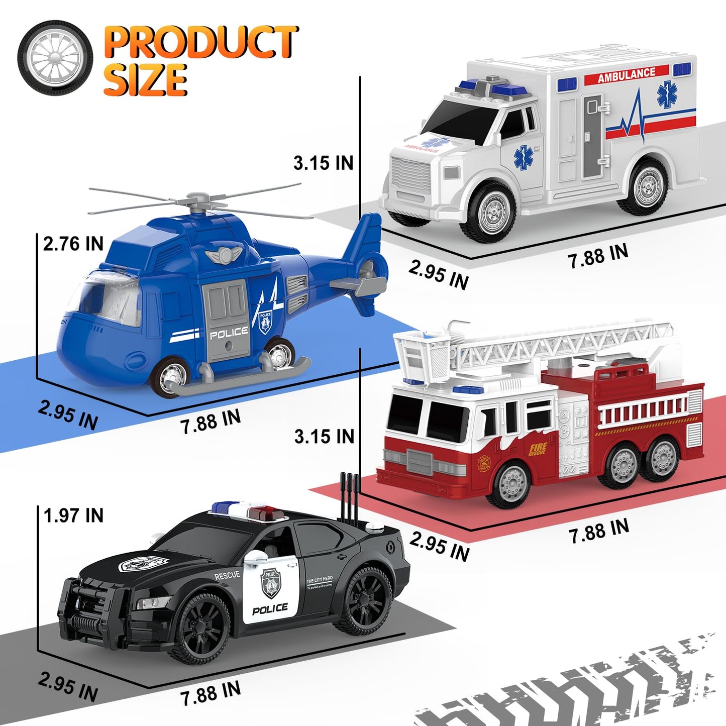 COVTOY 4 Pack Emergency Vehicles with Lights & Siren Sounds - Fire Truck, Ambulance, Police Car & Helicopter - Friction Powered Toys for Boys 3-6