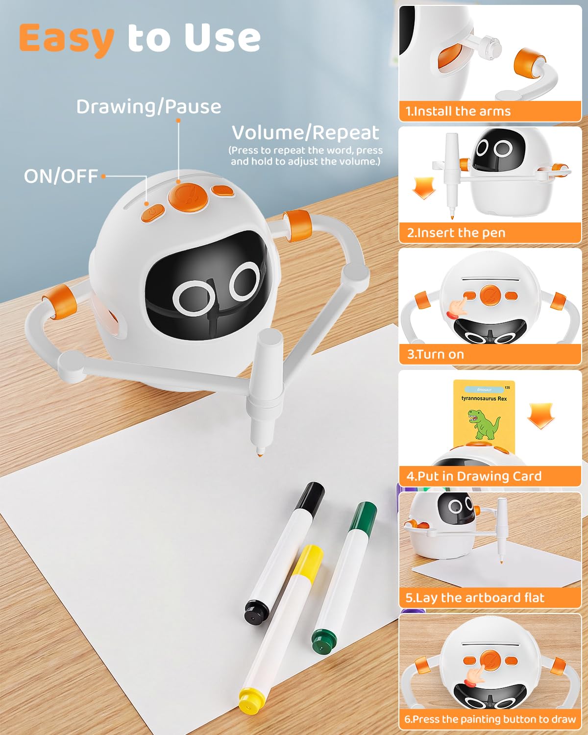 Drawing Robot for Kids Ages 3-8, Rechargeable Interactive Educational Drawing Machine with 200+ Cards & 12 Pens, Montessori Painting Learning Toy, Birthday for Boys & Girls