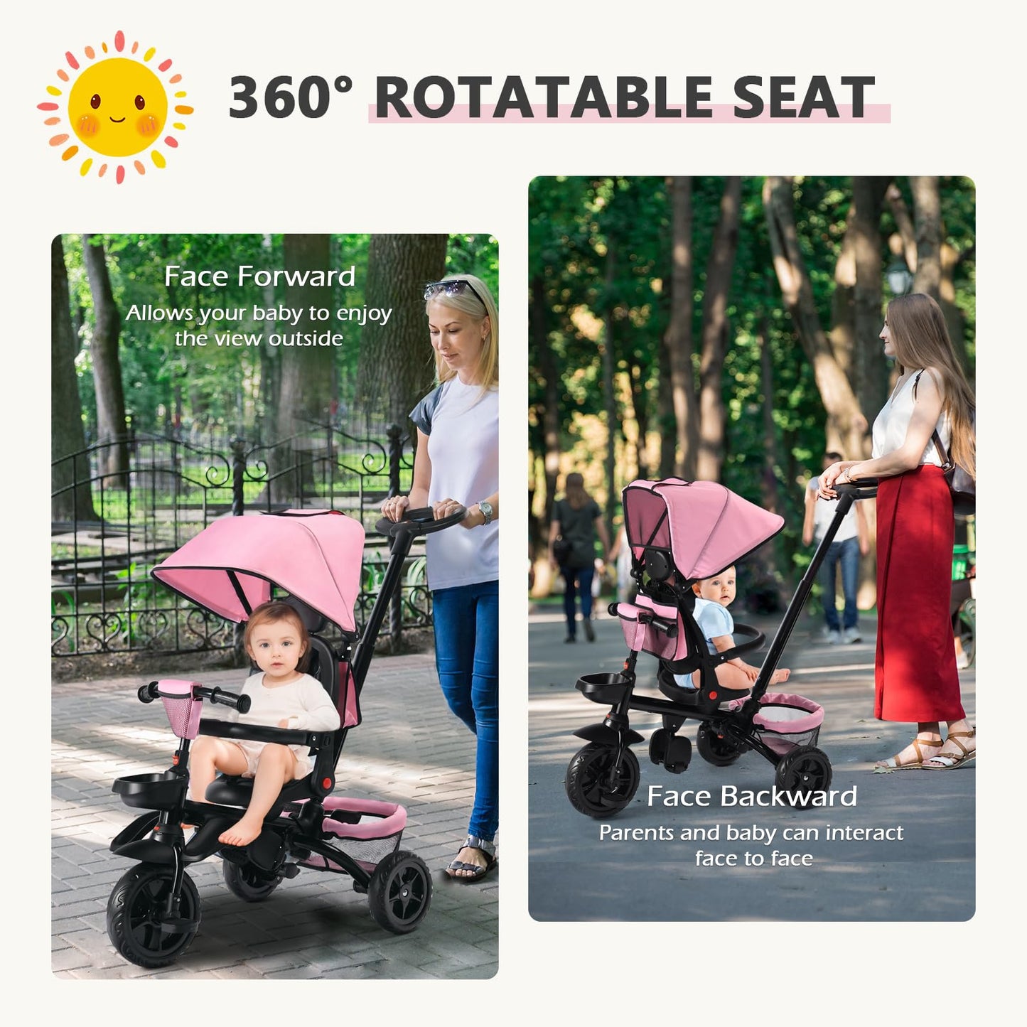 Kinder King Kids Tricycle, 7 in 1 Folding Toddler Trike w/Adjustable Push Handle, Rotatable Seat, Adjustable Canopy, Safety Harness, Storage, Toddler Bike for Age 6 Months+,Pink
