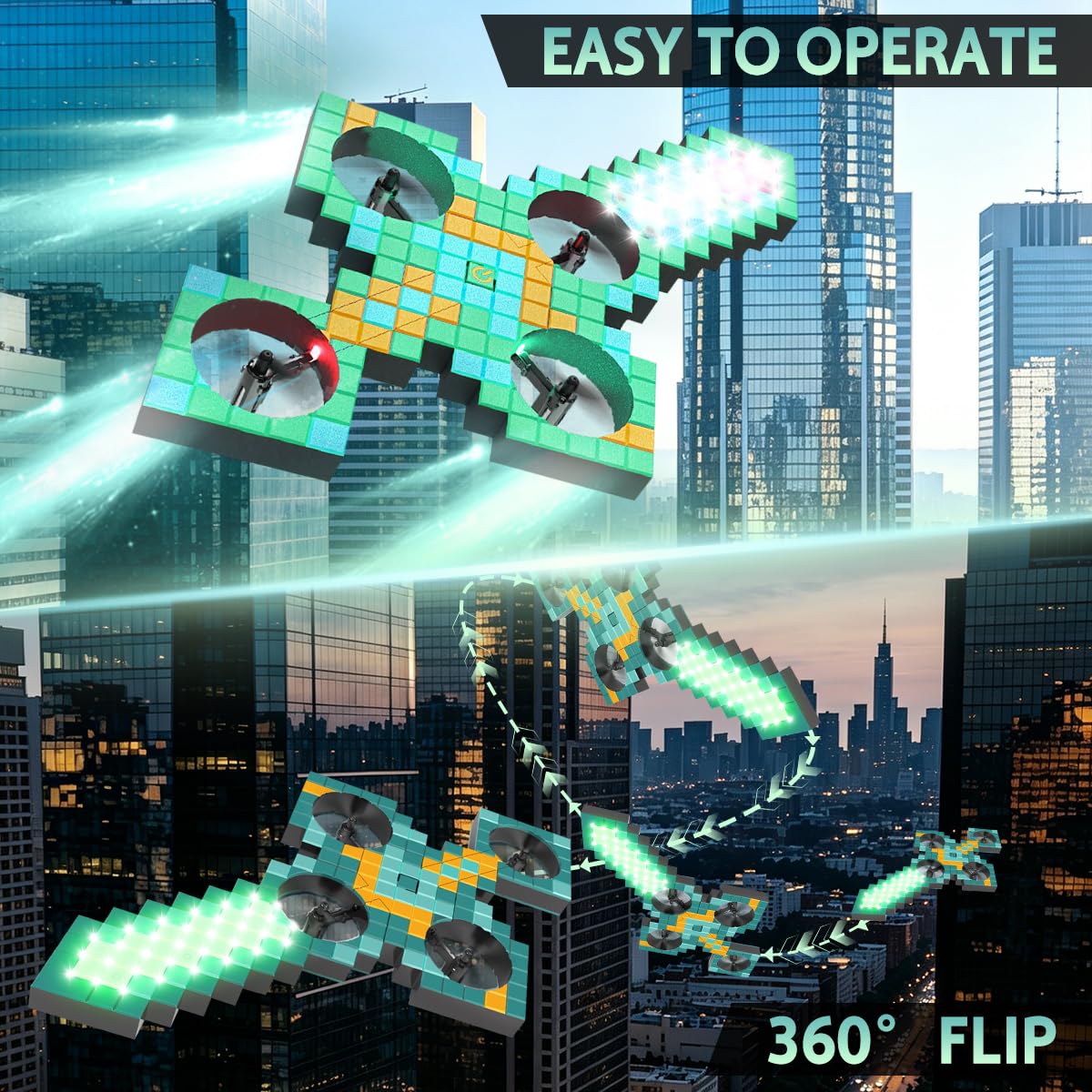 RC Airplane with LED Light, 360° Flip, 3 Speed Modes, 4 Motors, 2.4GHz Foam Remote Control Helicopter for Teens Adults Aged 14+, RC Quadcopter Sword-Shaped Drone, Green