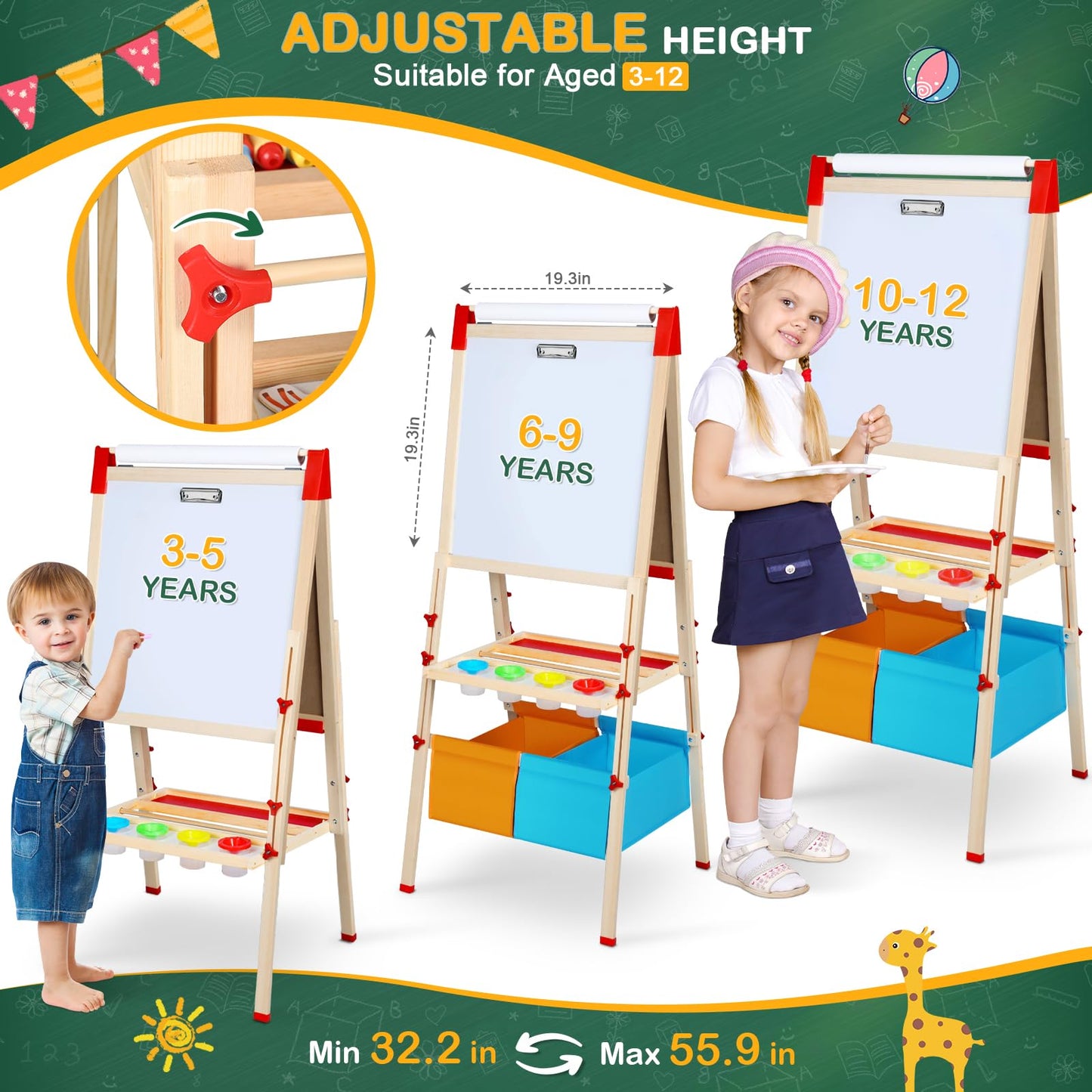 Easel for Kids,3 in 1 Adjustable Kids Art Drawing Easel Set,130+ Art Supplies,Wooden Double Sided Magnetic Chalkboard and White Board with Paper Roll,Painting for Aged 2-4,5-7,8-12