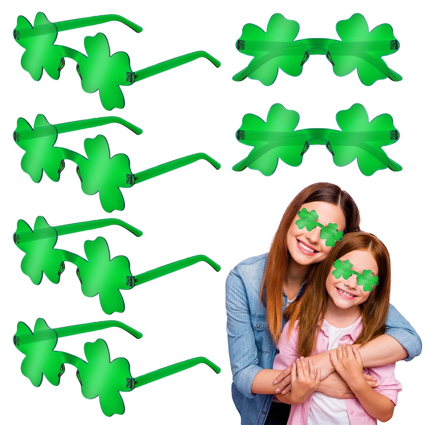 St Patricks Day Green Shamrock Glasses 6 PCS, Irish Four Leaf Clover Universal Fit Sunglasses Party Favor Supplies Accessories, Saint Patricks Gifts Decorations Photo Props for Parade Outfits Costume