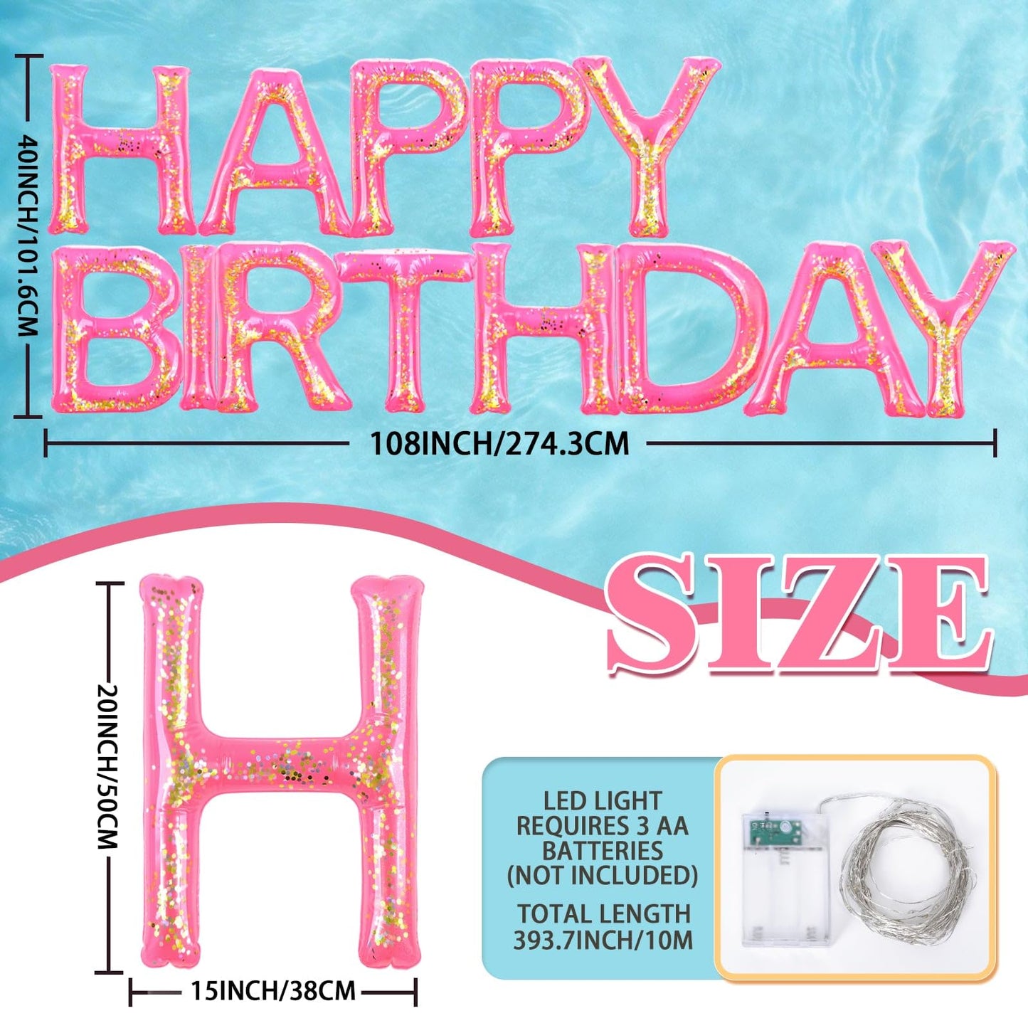 Happy Birthday Pool Floating Letter Balloons, 20'' Inflatable Pool Birthday Decorations with LED Lights,Adhesive Dots, Pink Gold Confetti, Reusable PVC Large Floating Letters for Pool Party