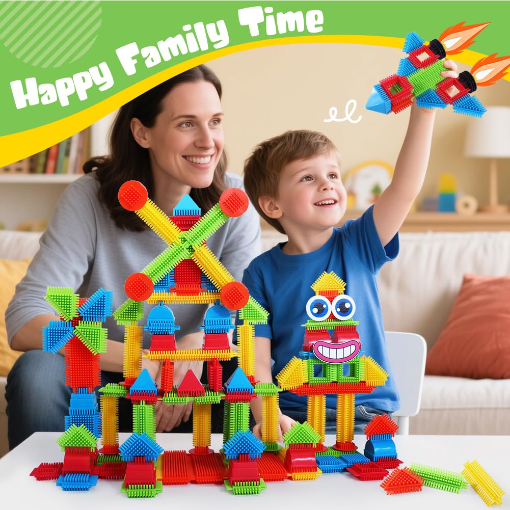 teytoy 200Pcs Building Blocks Toys, Bristle Shape Building Blocks Set STEM Interlocking Construction Learning Toys for Kids Ages 3+