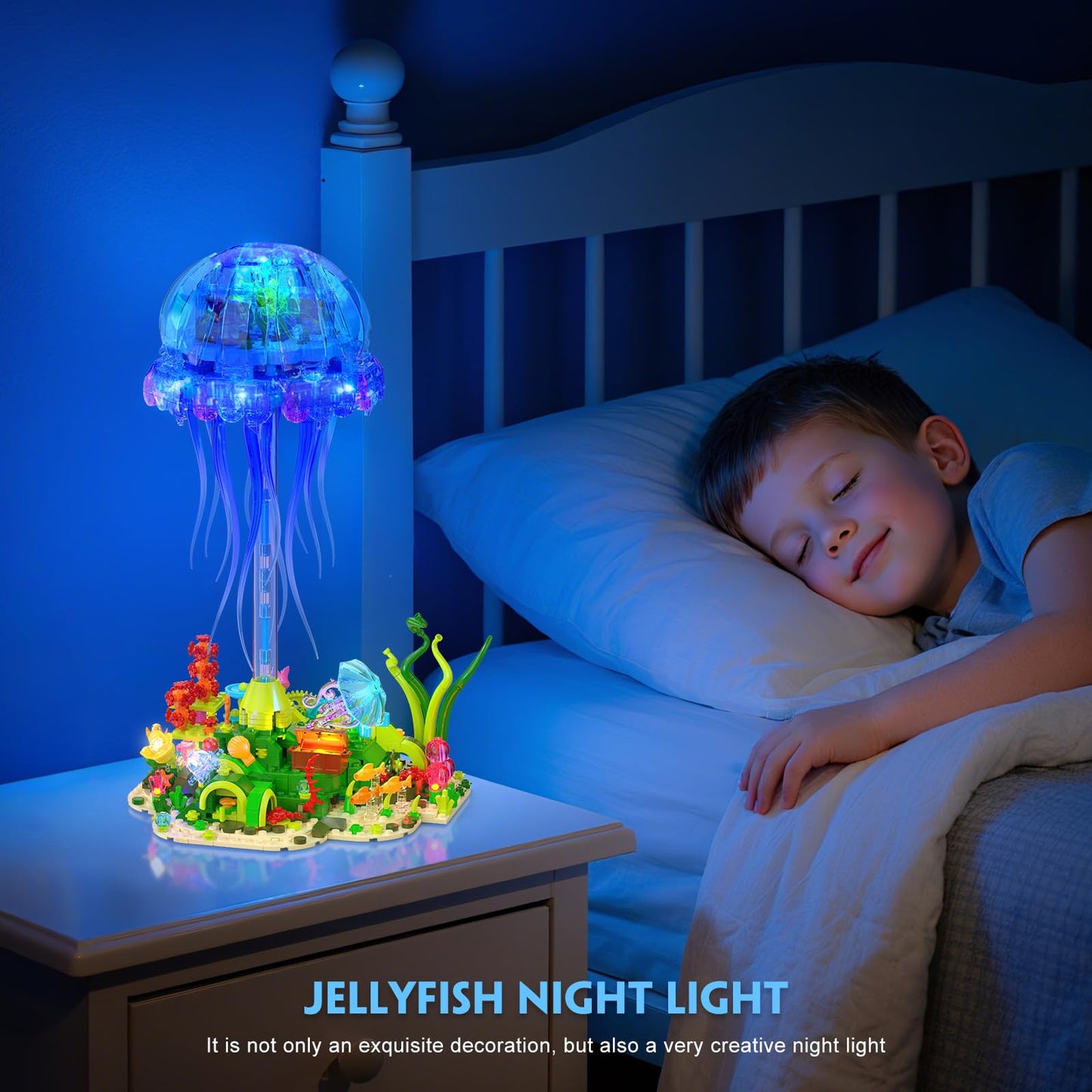 Brihappen Jellyfish Building Set with LED Lights, Floating Jellyfish Lamp for Home Decor, Ocean Animal Collection Model with Coral & Seaweed, Creative Display Gift for Adults, Teens 14+
