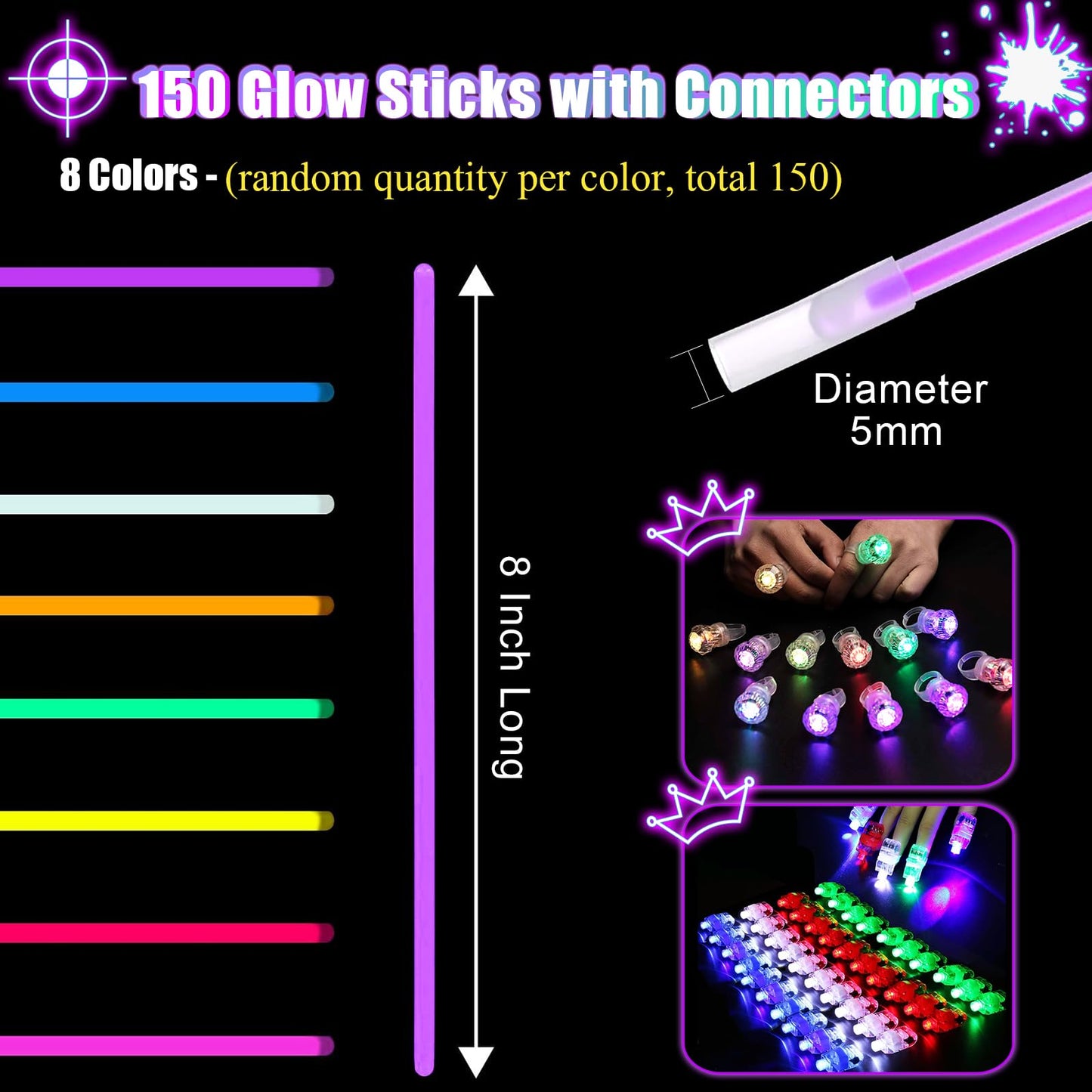 394 Pcs Glow in the Dark Party Supplies for 16 Kids Adults, Light Up Party Favors, 150 Ultra Bright Glow Sticks Bulk Party Pack with Set of 16 Glow Glasses,Earring, Headband,Bracelets, Necklaces