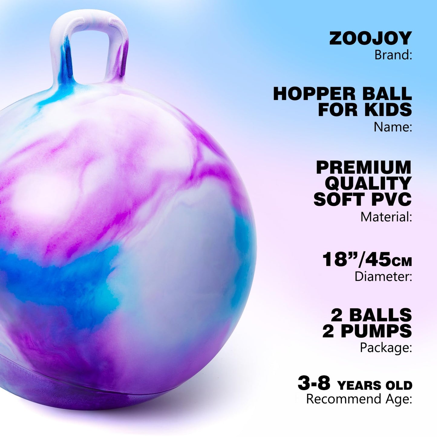 ZOOJOY Hopper Ball 2 Pack, 18 in Bouncy Ball with Handle for Kids, Clouds Girls Toys for Indoor Active Play Toys, Girls Boys Hopping Birthday Gifts for 3 4 5 6 7 8 Yr Old