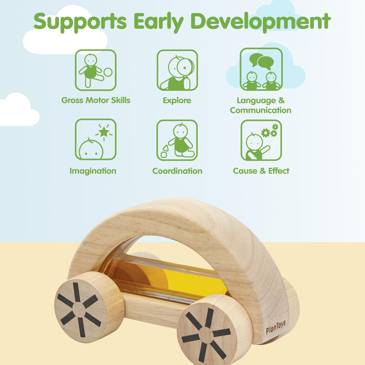 PlanToys® Wautomobile – Yellow | Montessori Wooden Toy Car for Toddlers | Water-Filled Sensory STEM Vehicle | Educational Cause-and-Effect Toy for Kids | Eco-Friendly, Safe & Durable