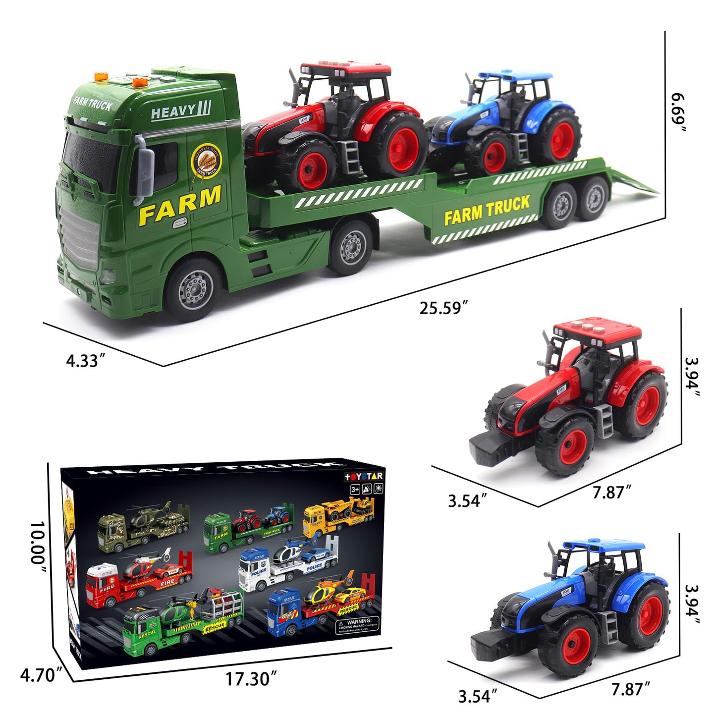 Yiwsnust Large Flatbed Semi Truck, 25.6’’ Large Farm Truck Toy with 2 Tractors, Friction Powered Farm Transport Truck Tractor Toy with Light & Sound, Farm Toys Birthday Gift for Kids Aged 3-8