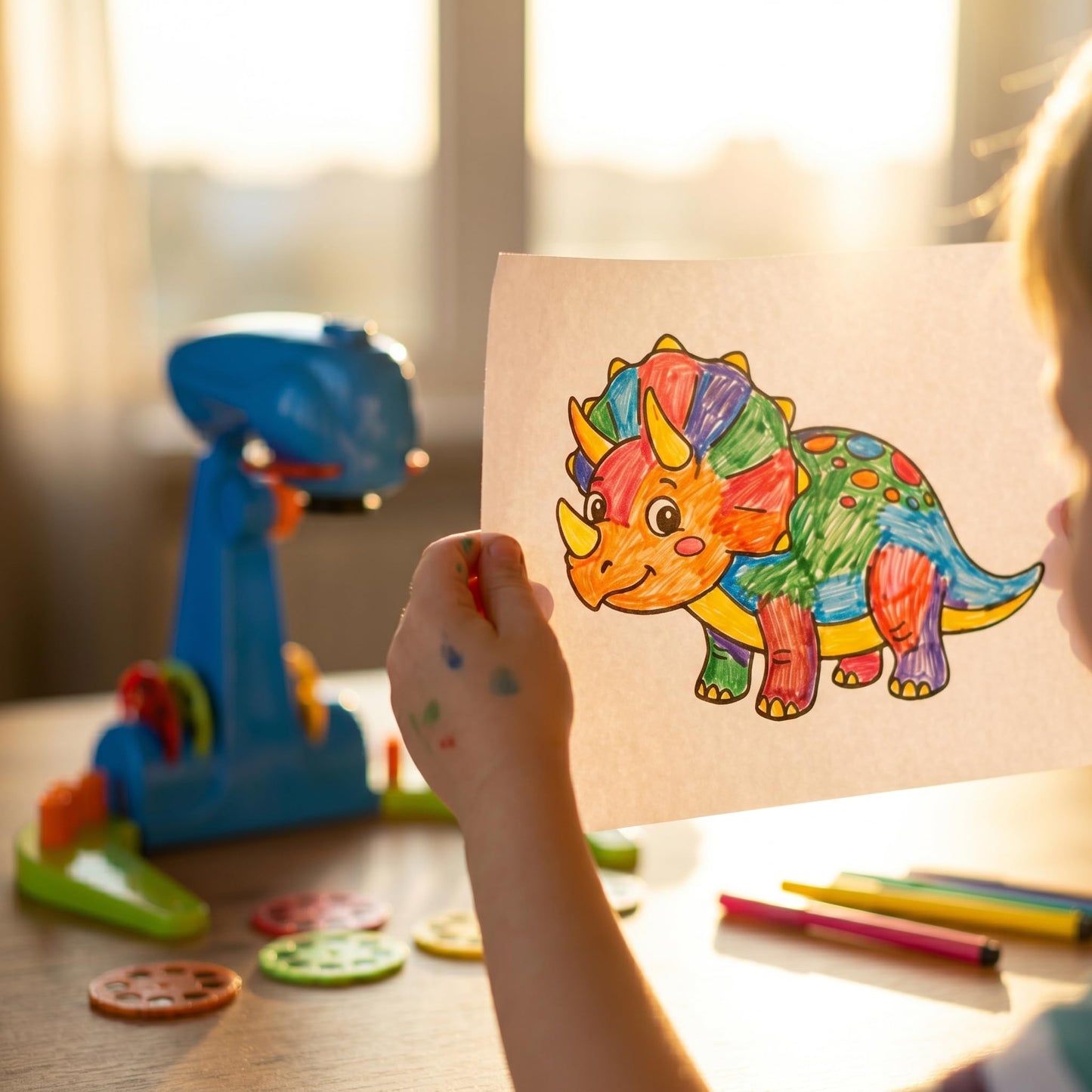 LEERFEI Drawing Projector for Kids–Adjustable Preschool Art Tracing Kit, 4 Discs (32 Diverse Cartoon Patterns), 12 Watercolor pens & 1 Paper Pad. Play-Based Learning Toy for Boys & Girls Ages 3+