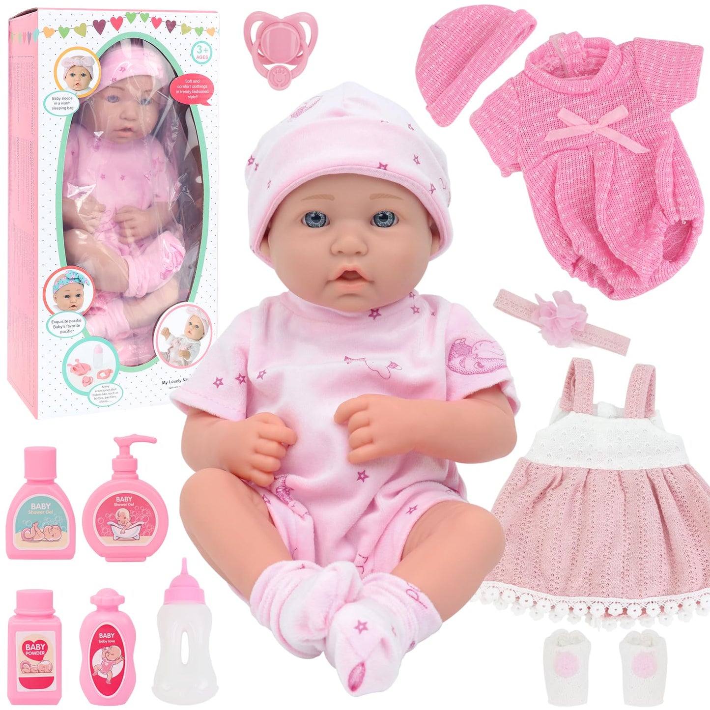 UNICORN ELEMENT 14 Inch Baby Doll-Baby Dolls with 15 Piece Accessories Set, Soft Body Baby Girl Doll, with Bottle & Pacifier, Clothes and Hats, Gift Box for Toddlers Ages 3 4 5