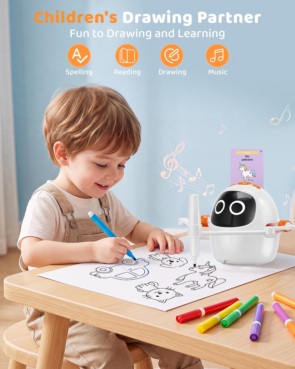 Drawing Robot for Kids Ages 3-8, Rechargeable Interactive Educational Drawing Machine with 200+ Cards & 12 Pens, Montessori Painting Learning Toy, Birthday for Boys & Girls