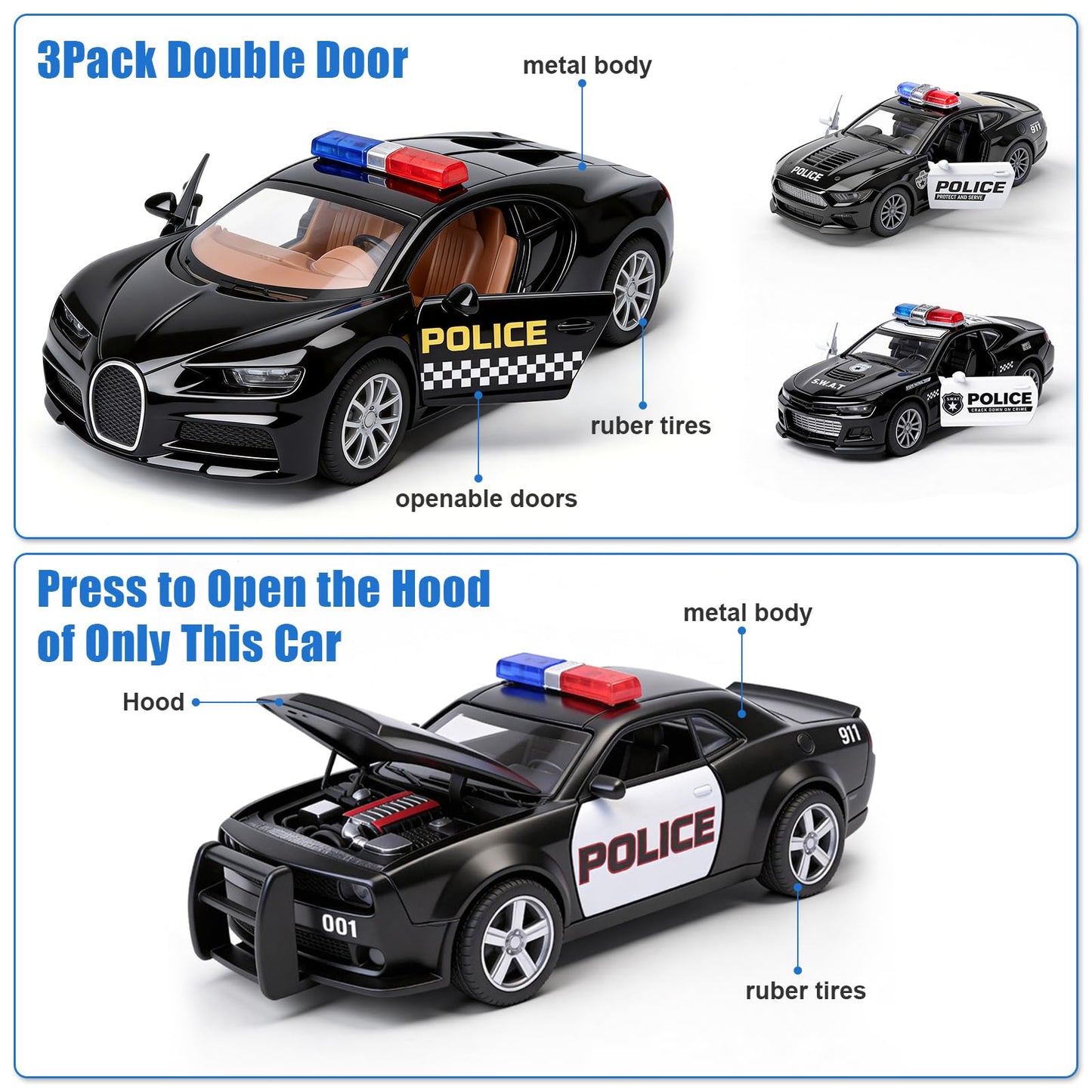 1/36 Metal Diecast Police Car Toy Set,4 Pack Police Pull Back Toy Cars with 3 Opening Doors & 1 Hood Model Boys Cars Toy for Kids Ages 3 4 5 6 7 8 9 10 11 12 Years Old