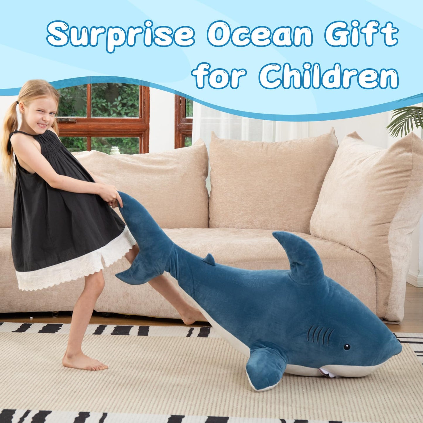 MorisMos 51inch Giant Shark Stuffed Animal, Large Shark Plush Toy Pillow Gift for Kids, Girlfriend, Blue