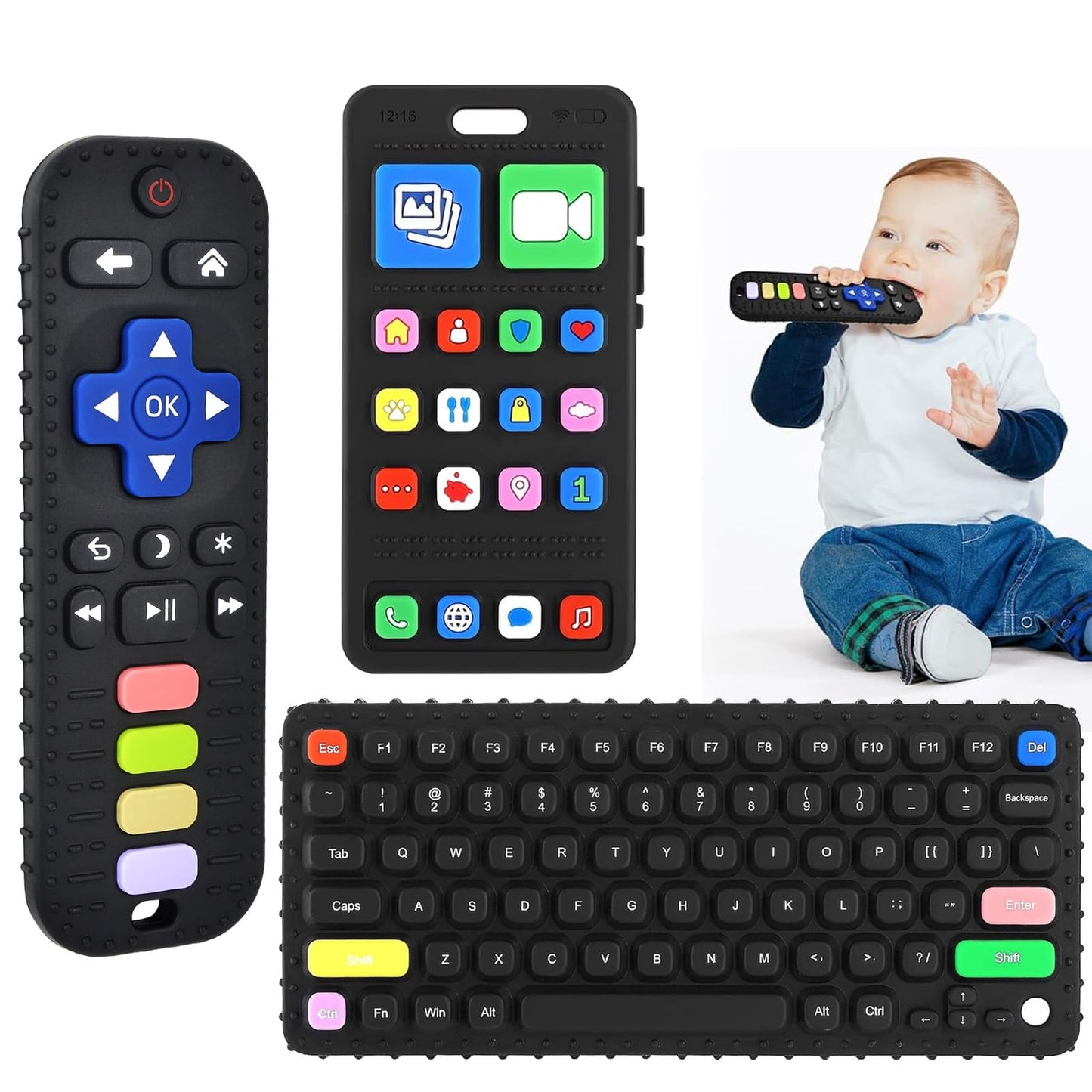 GUIGUZHJ Teether Toys, Teething Relief Teethers Toys for Babies 3-6 12 Months, Play Phone Remote Control Keyboard Toy for Newborn Infant Boy Girl Autism Essentials, Food Grade Silicone Sensory Toy
