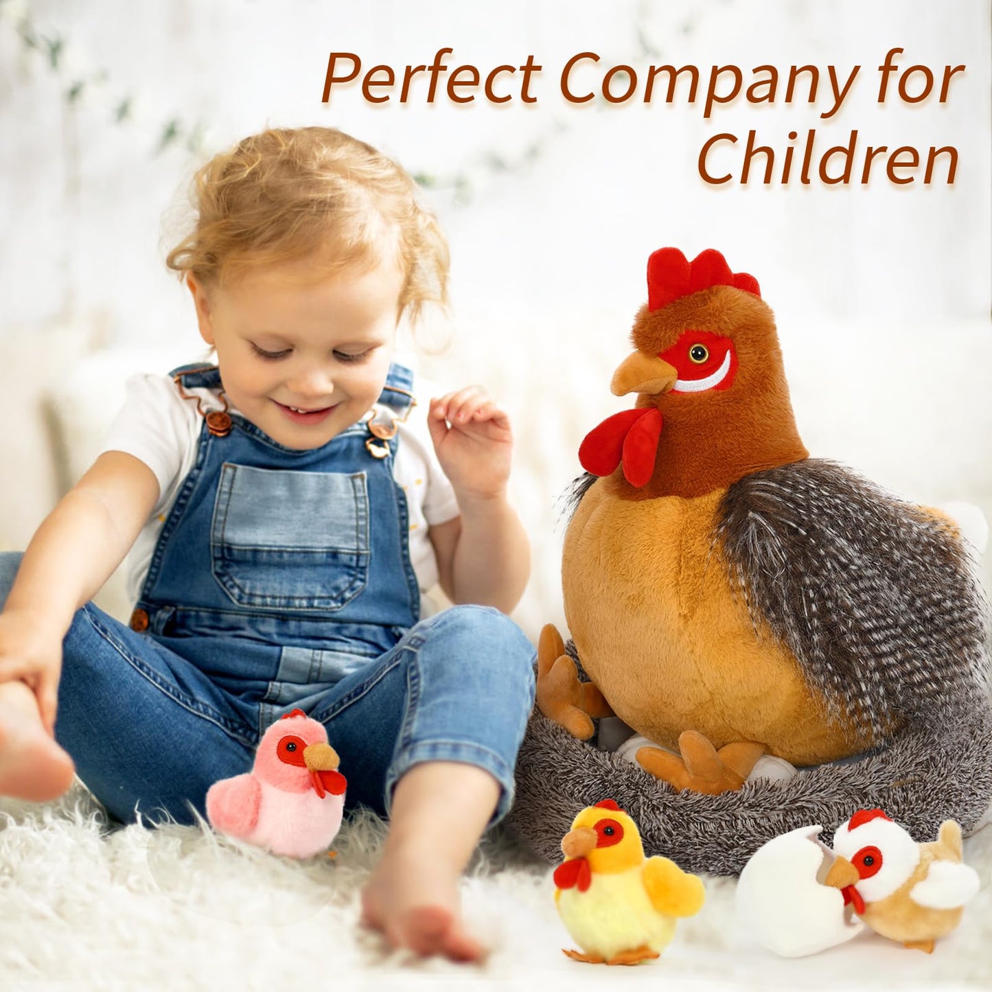 BENINY 8Pcs Chicken Stuffed Animal, Stuffed Hen with Little Baby Chicks and Coop, Rooster Plush Gifts Toys for Kids, Hit of Christmas Farm Party