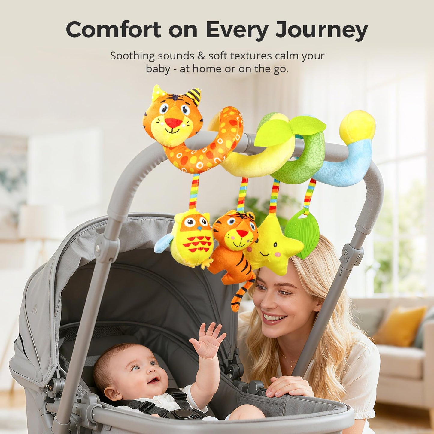 Carseat Toys Hanging for Babies 0-6-12 Months – Plush Spiral Car Seat Toys with Rattles, Crinkle & Teether – Stroller, Crib Hanging,for Baby Gym
