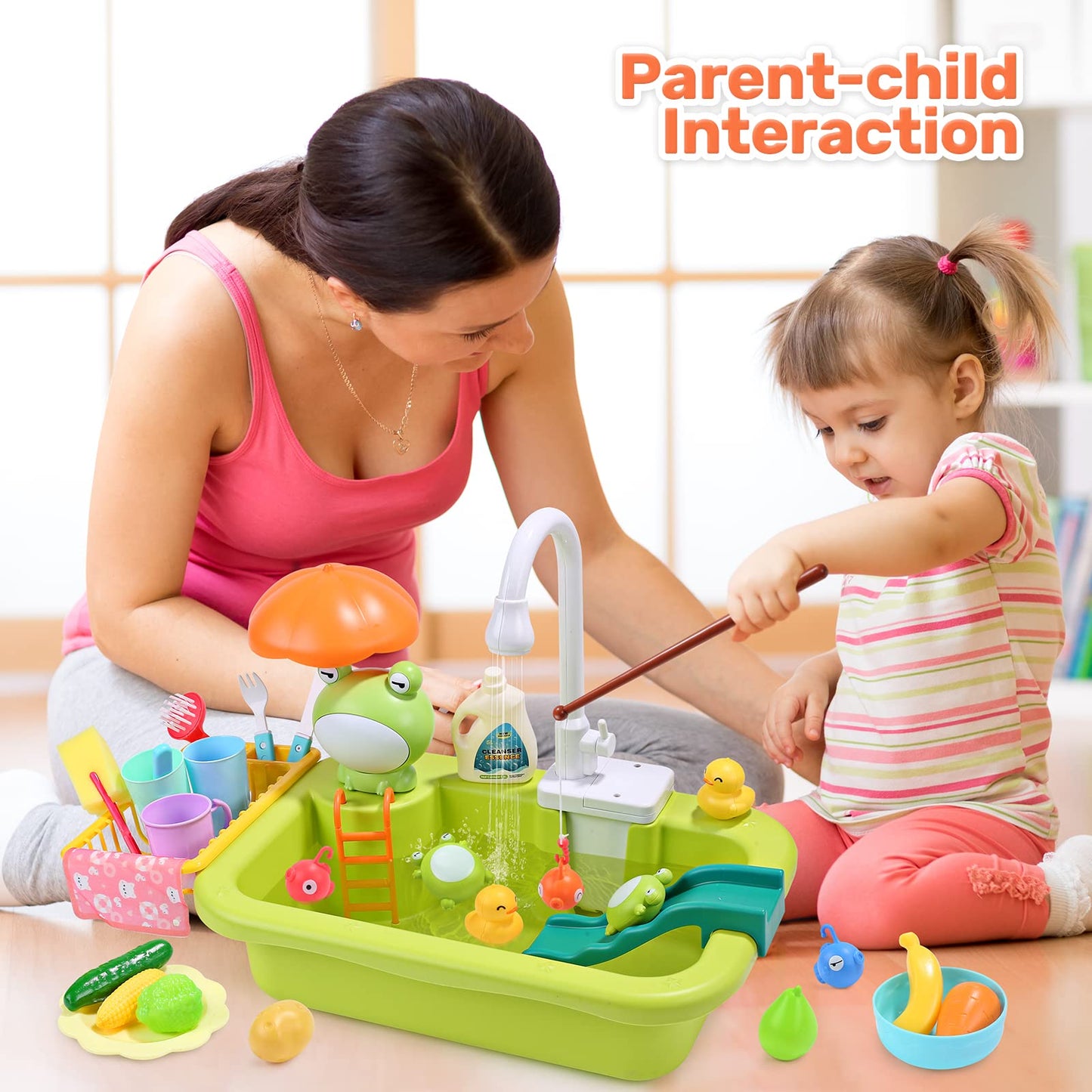 CUTE STONE Play Sink with Running Water, Kitchen Sink Toys with Upgraded Electric Faucet, Play Kitchen Toy Accessories, Pool Floating Fishing Toys for Water Play, Kids Role Play Dishwasher Toy