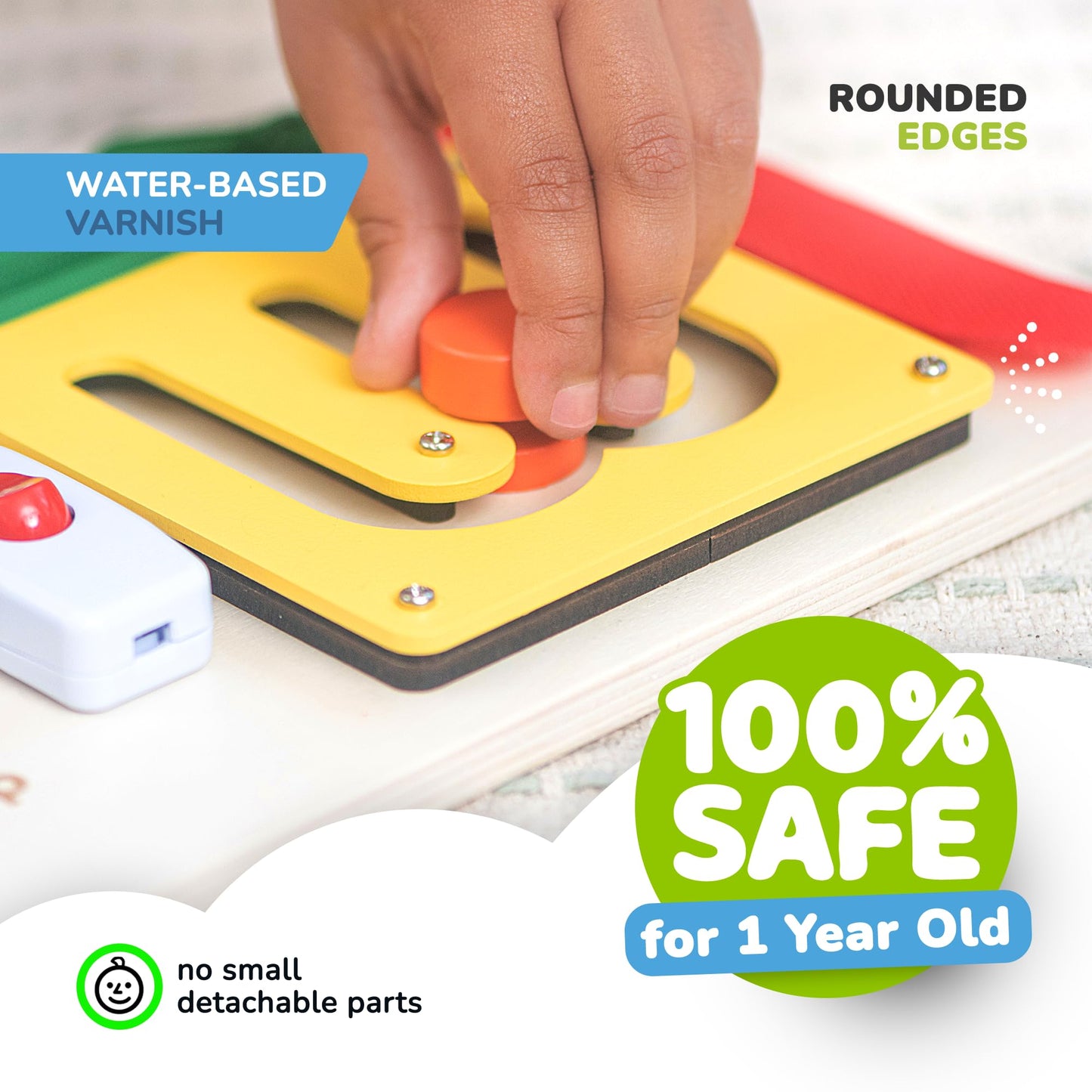 deMoca Sensory Busy Board for 1 Year Old, Travel Wooden Montessori Busy Board for Toddlers 1–3, Switch and Fidget Activity Board for Early Motor Skills and Travel Play