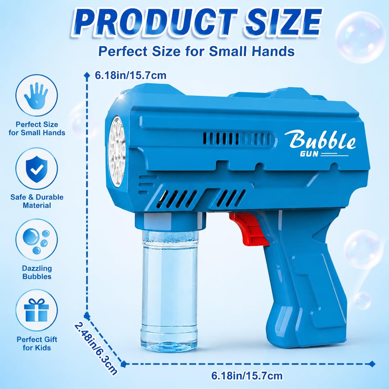 Kids Automatic Bubble Gun LED Light & Refill Solution – Leakproof Bubble Blaster, Outdoor Toys Toddlers 3-8, Birthday Gift, Easter Stuffer, Wedding & Party Supplies (Blue)