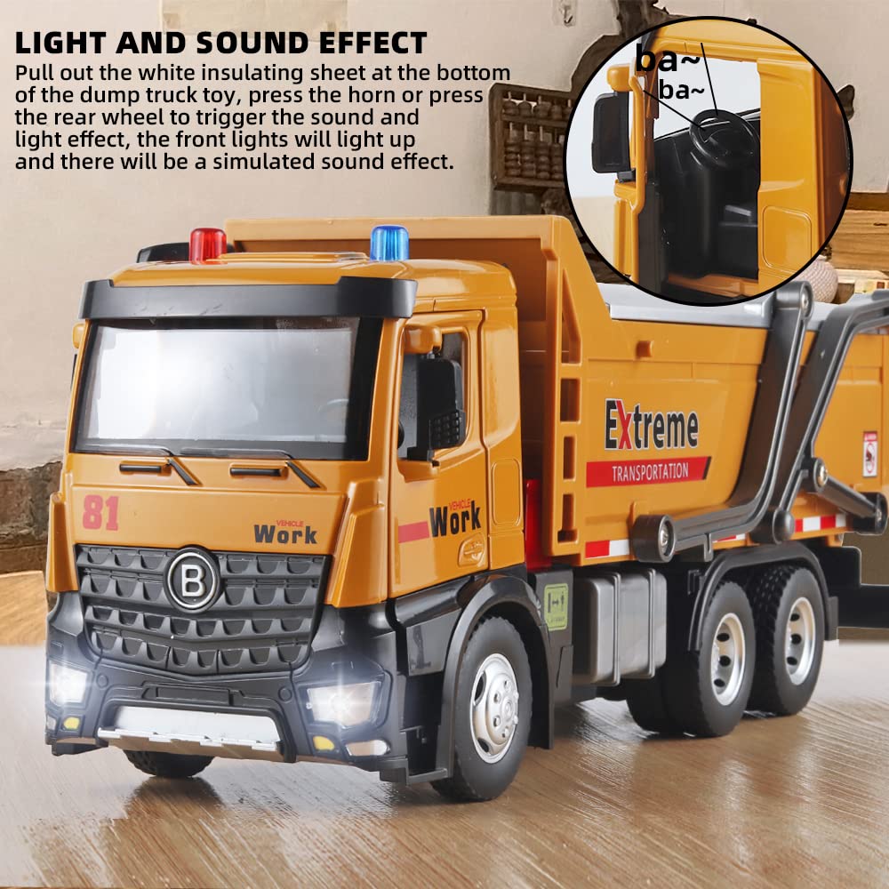 OANMYJJO Children Dump Truck Toy Metal DieCast Construction Trucks,Construction Toys with Simulated Sounds and Lights,Dump Truck Toy with Openable Rear Hood,Dump Trucks for Boys Age 3 Year and UP
