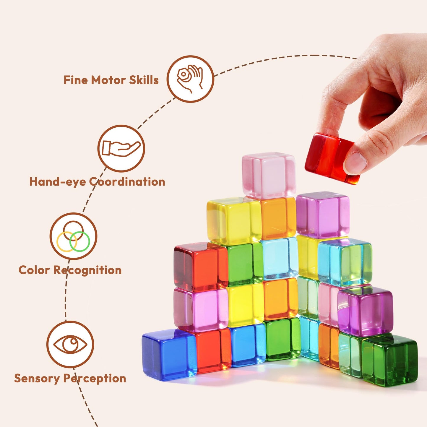 Woodtoe Rainbow Building Blocks for Toddlers, 24 PCS Acrylic Gem Cubes Stacking Blocks, Montessori Stacking Toy for 3 4 5 6 Year Old, Educational STEM Creative Sensory Toy Gifts for Kids Boys Girls
