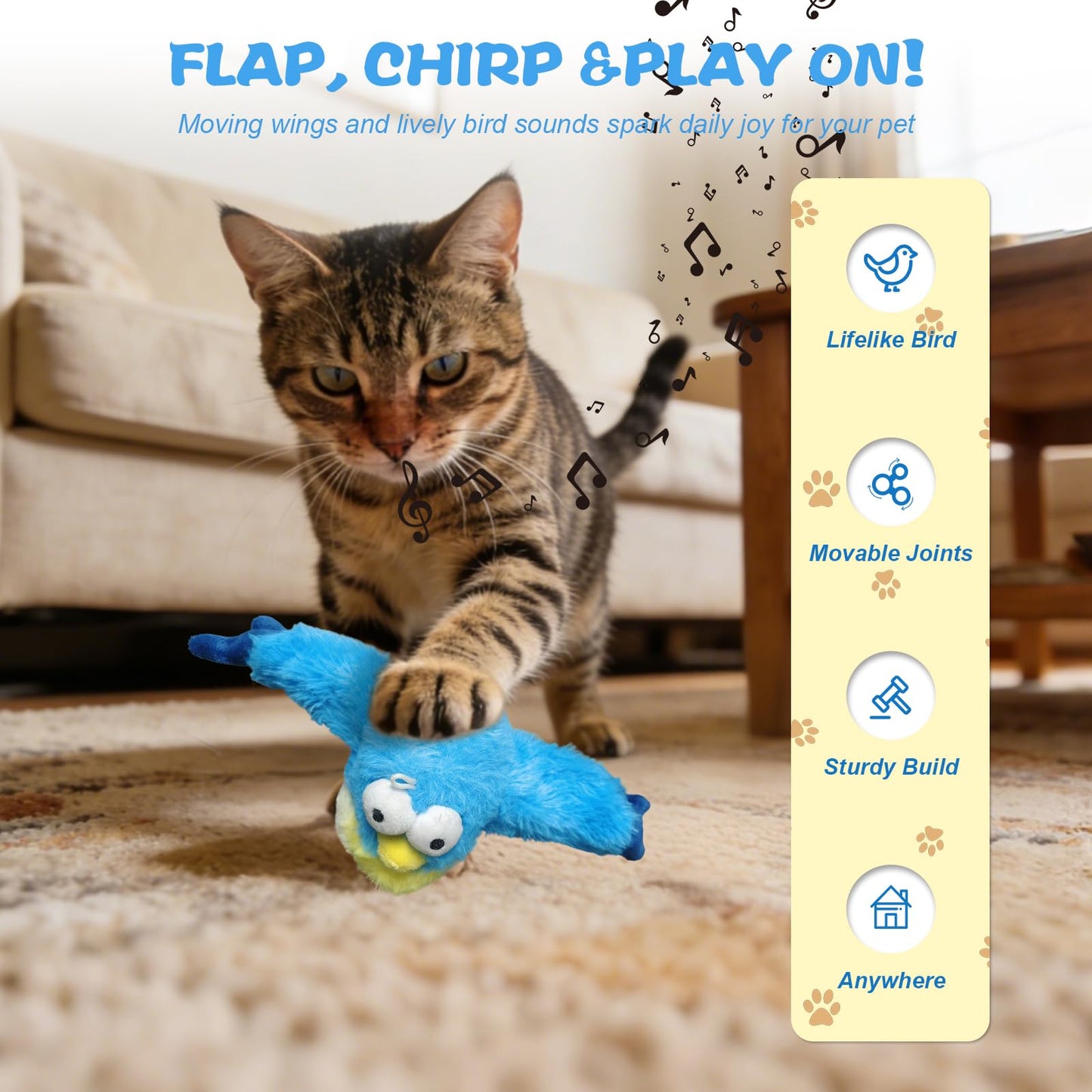 JoyCub Chirping Flapping Bird Cat Toy for Indoor Cats (Not Flying), Interactive Rechargeable Motion Sensor Toys, Lifelike Simulated Sparrow Kitten Exercise Toys for Bored Cats Entertainment