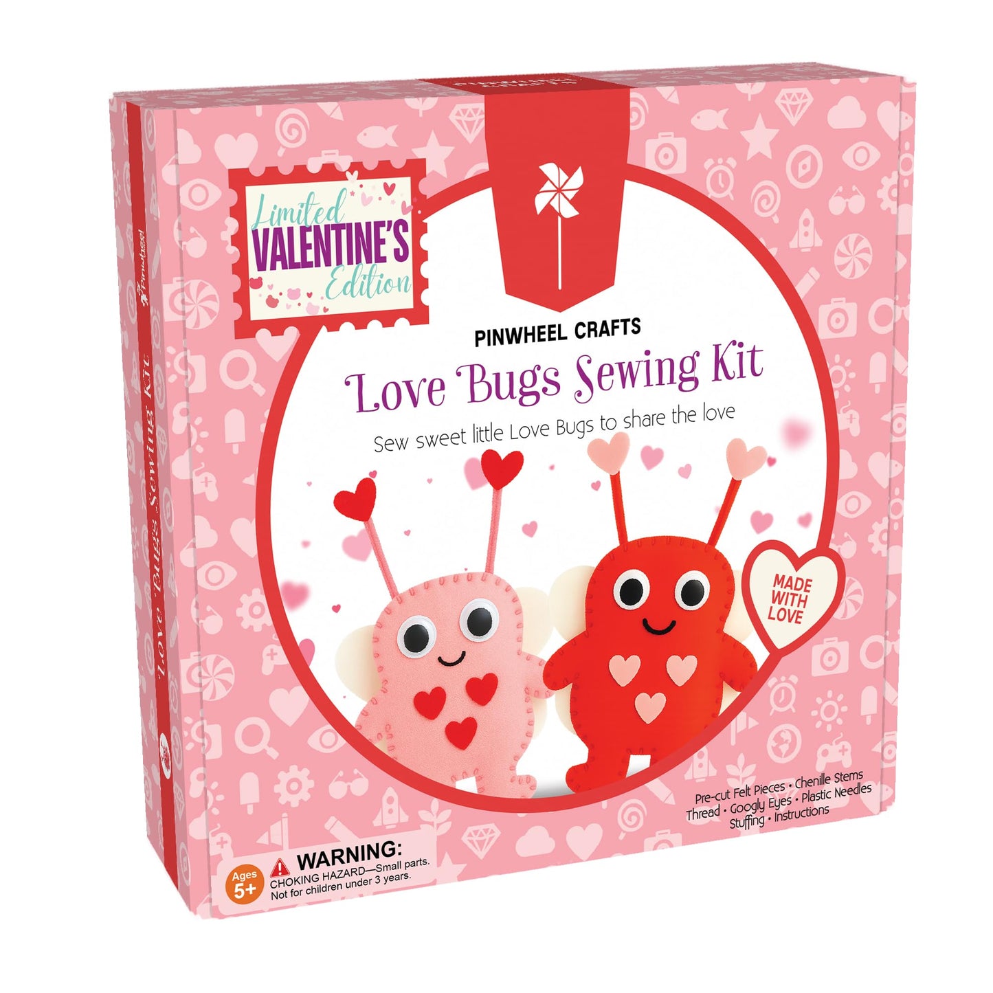 Valentine Gift for Kids, Love Bugs Kids Sewing Kit - Make & Gift Felt Plush Craft, Sew 2 Stuffed Love Bugs (Red & Pink), Precut Felt, Needle, Thread, Polyfill, Googly Eyes, Gift Cards, Ages 5+