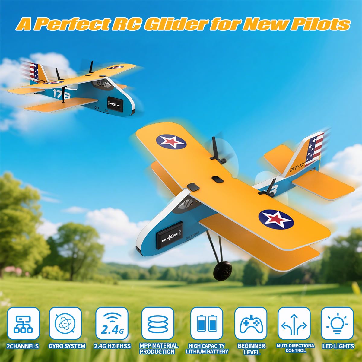 RoofWorld RC Plane 2. 4Ghz RC Airplane for Kids & Beginners Easy to Fly with 6-axis Gyro Stabilizer 2CH MPP Remote Control RC Glider Indoor/Outdoor STEM Toy for Boy Girl Pilots (Yellow Biplane)