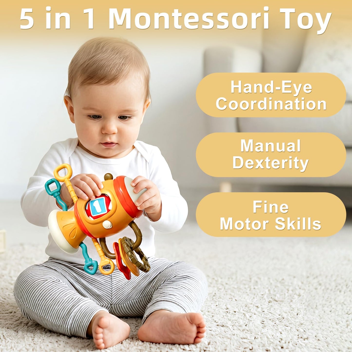 5 in 1 Montessori Busy Board Sensory Toy for Toddlers 1-3, Pull String Fidget Baby Toys 6-12 Months, Infant Carseat Plane Travel Activity, Educational Learning Birthday Gift for 1 2 Year Old Boy Girl