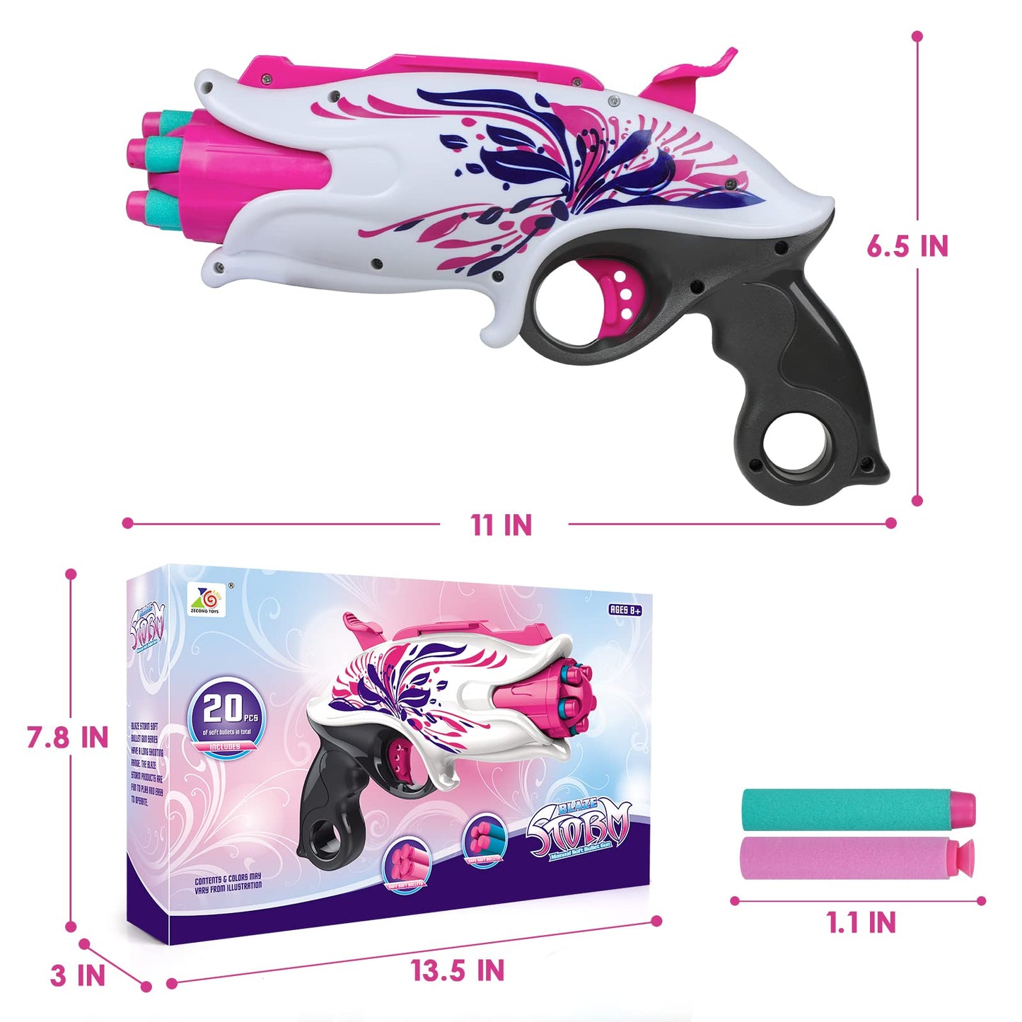 Soft Bullet Toy Pink Dart Blaster, 5-Dart Rotating Drum, 20 Darts, Kids Outdoor Toys Xmas Birthday Gifts for Girls Ages 6+ Years Old