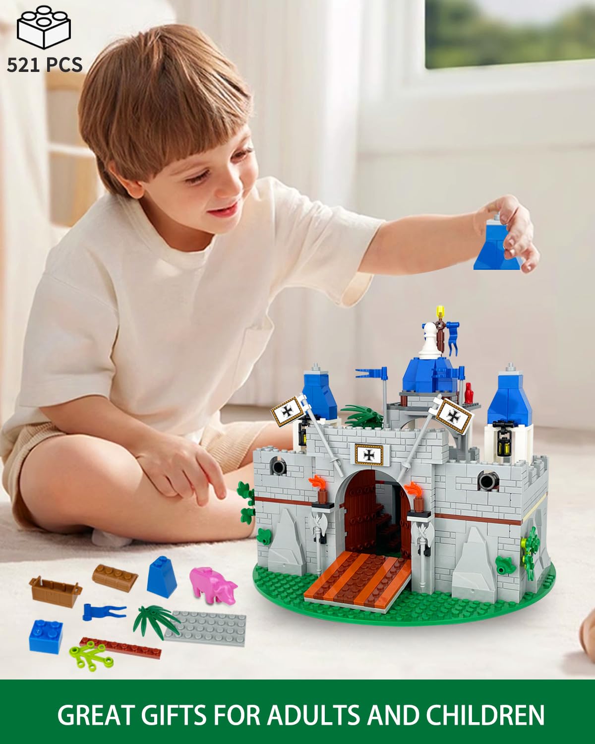 Piegricdiat Medieval Knight Castle Building Blocks Set – Comes with 12 Knights Figures , Compatible with Lego Medieval Town Square House Toys , for Adults & Children Ages 6+