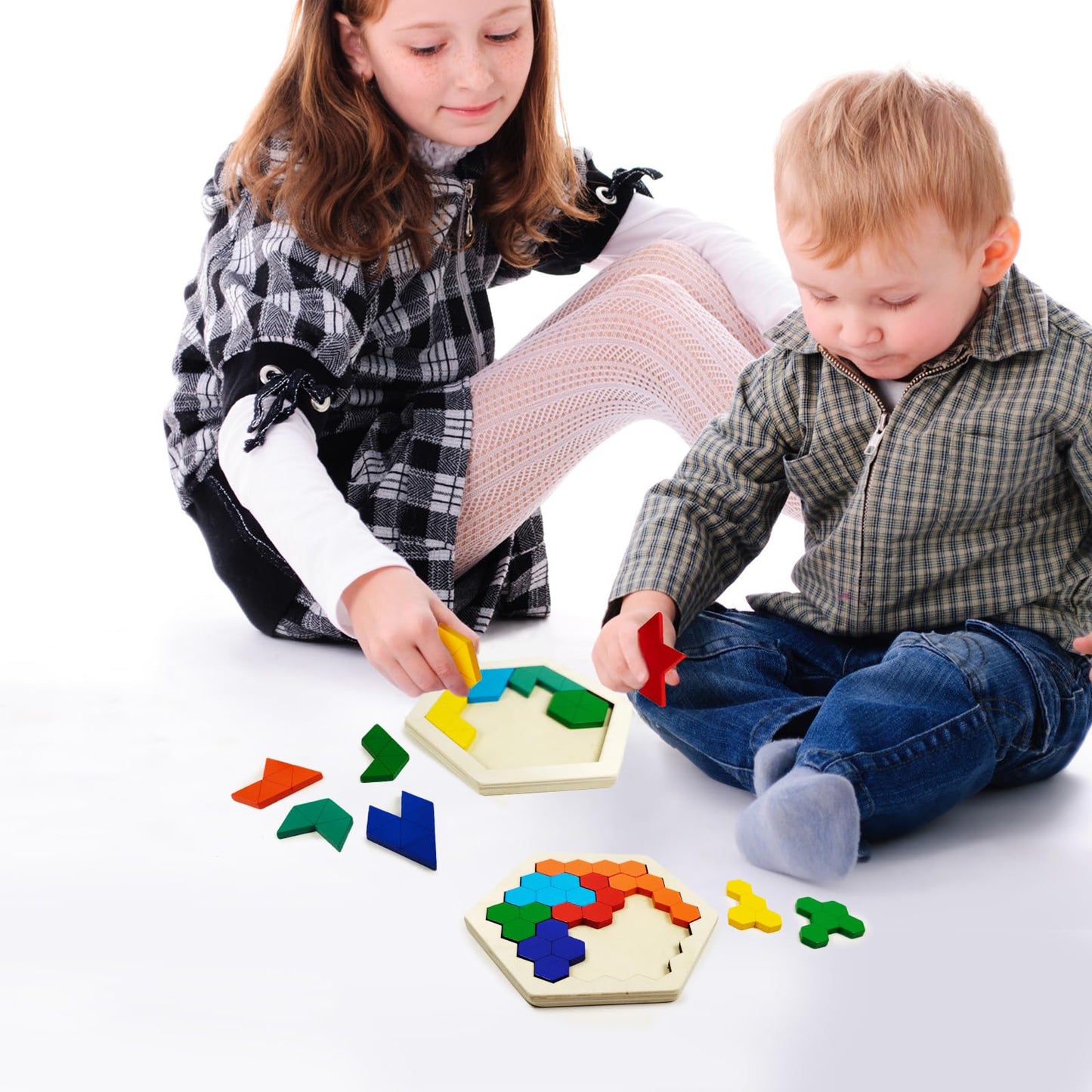 YUQILIN 6 PCS Wooden Tangrams Puzzles for Kids, Wooden Hexagon Toddlers Puzzles Block Geometric Brain Teaser Wood Puzzle Tangram Logic IQ Toy Gifts for All Ages Boys Girls Adults Intelligence