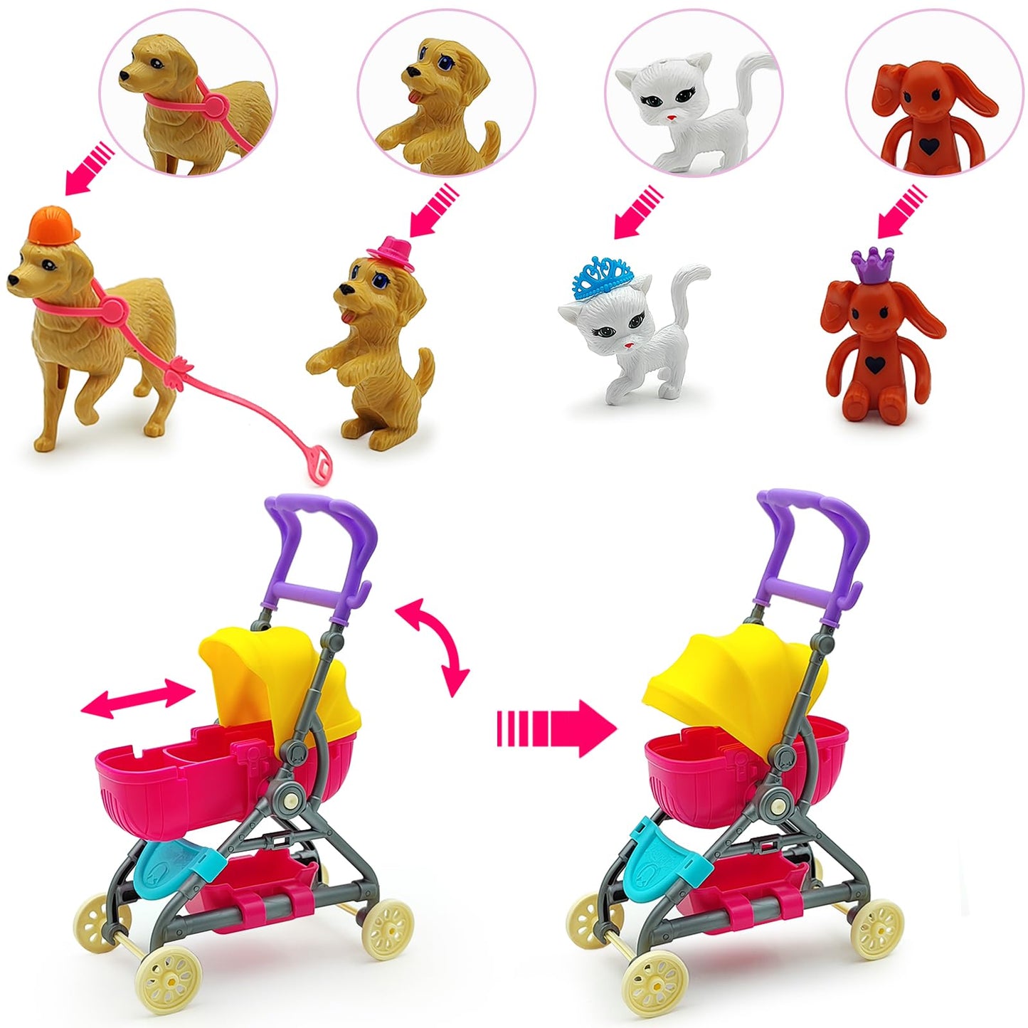 Dolls & Accessories Playset with Doll Transforming Stroller Dog Pet for Girls Ages 3-5-7-12 Birthday Gifts