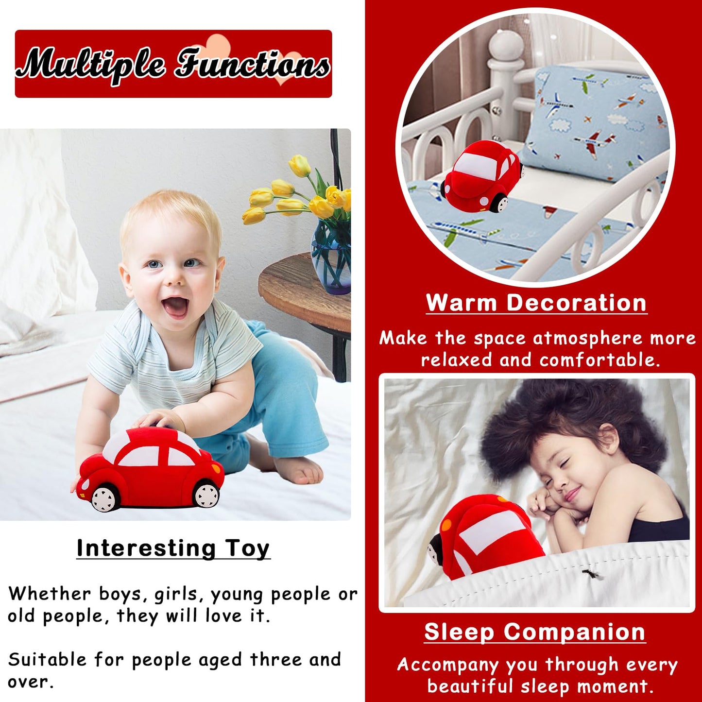 zhidiloveyou Car Plush Red Stuffed Car Shaped Pillow Cute Toy Decor Gifts for Kids, 11.8 inch