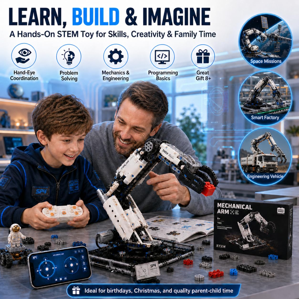 1029 PCS STEM Robotic Arm Kit for Kids Ages 8-16, Programmable DIY Robot Arm Building Toy with APP & Remote Control, Engineering Coding Robotics Kit, Educational Science Gift for Boys Girls