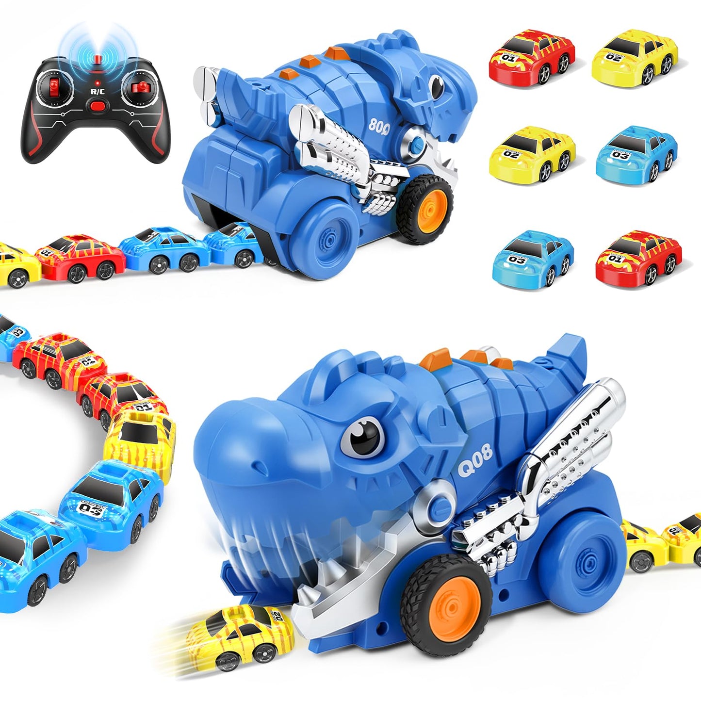 Intoypad Dinosaur Remote Control Car Toys for Kids, 2.4GHz RC Dino Eating Car Toy with 6 Magnetic Cars & Music Dino Truck Birthday Gifts Toys for 3 4 5 6 7 8 9 10 11 12 Year Old Boys Girls (Blue)