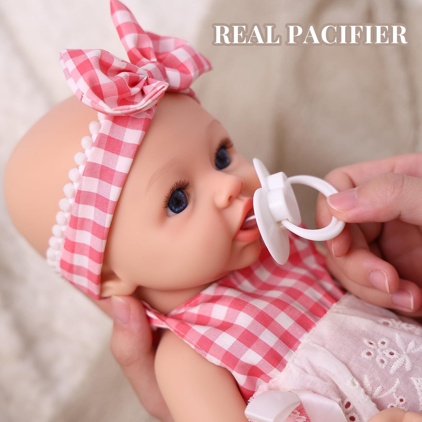 BABESIDE 16 Inch Silicone Baby Doll Realistic Newborn Girl Reborn Doll with Pink Gingham Outfit, Full Body Platinum Silicone Lifelike Baby Gift for Kids 3+ & Collectors