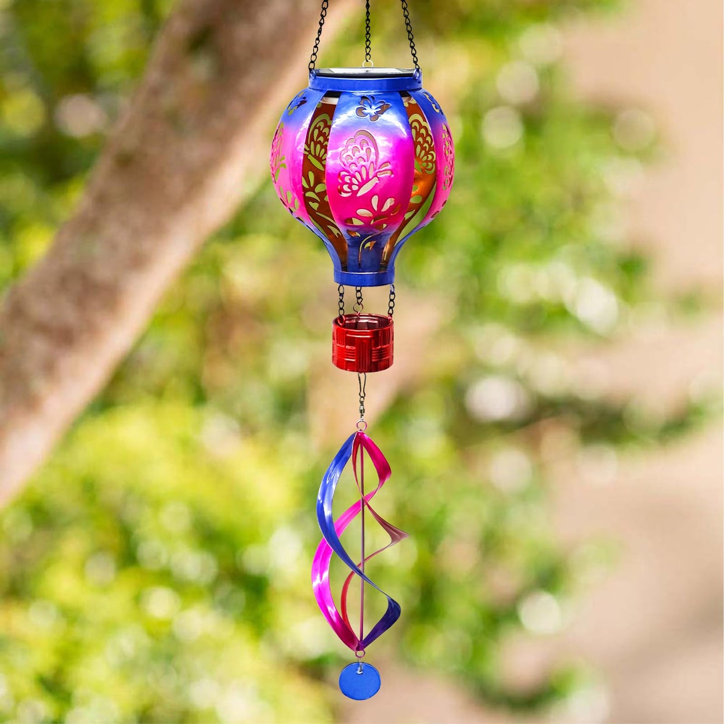 Hot Air Balloon Solar Lantern Butterfly Wind Spinners with Flickering Flame Light Hanging Solar Lantern Outdoor Waterproof Decorations for Outside Patio Garden Yard