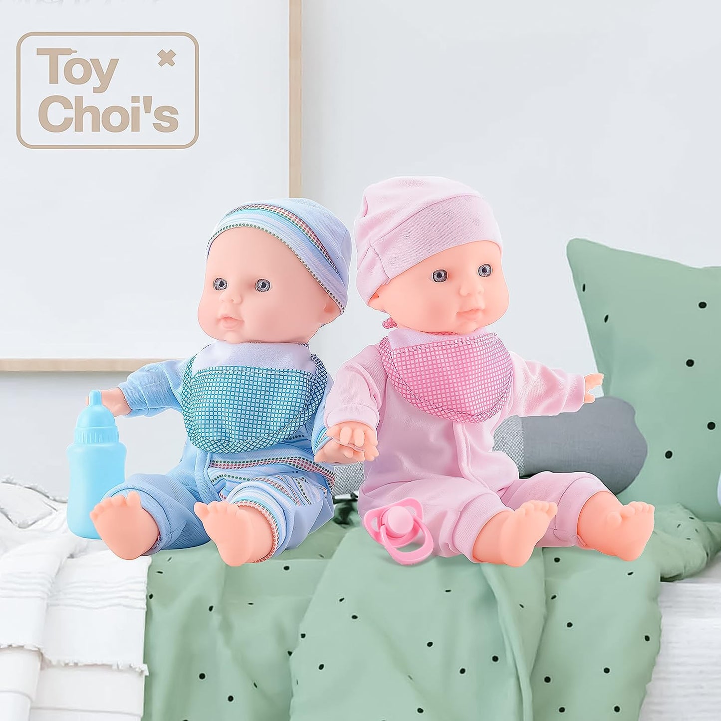 Toy Choi's Twin Baby Dolls 12 inch Soft Body 2 Dolls Playset with Rompers, Hat, Pacifier and Doll Bibs, Gifts for 1 2 3 4 5 Year Old Boys Girls, Toddlers and Kids
