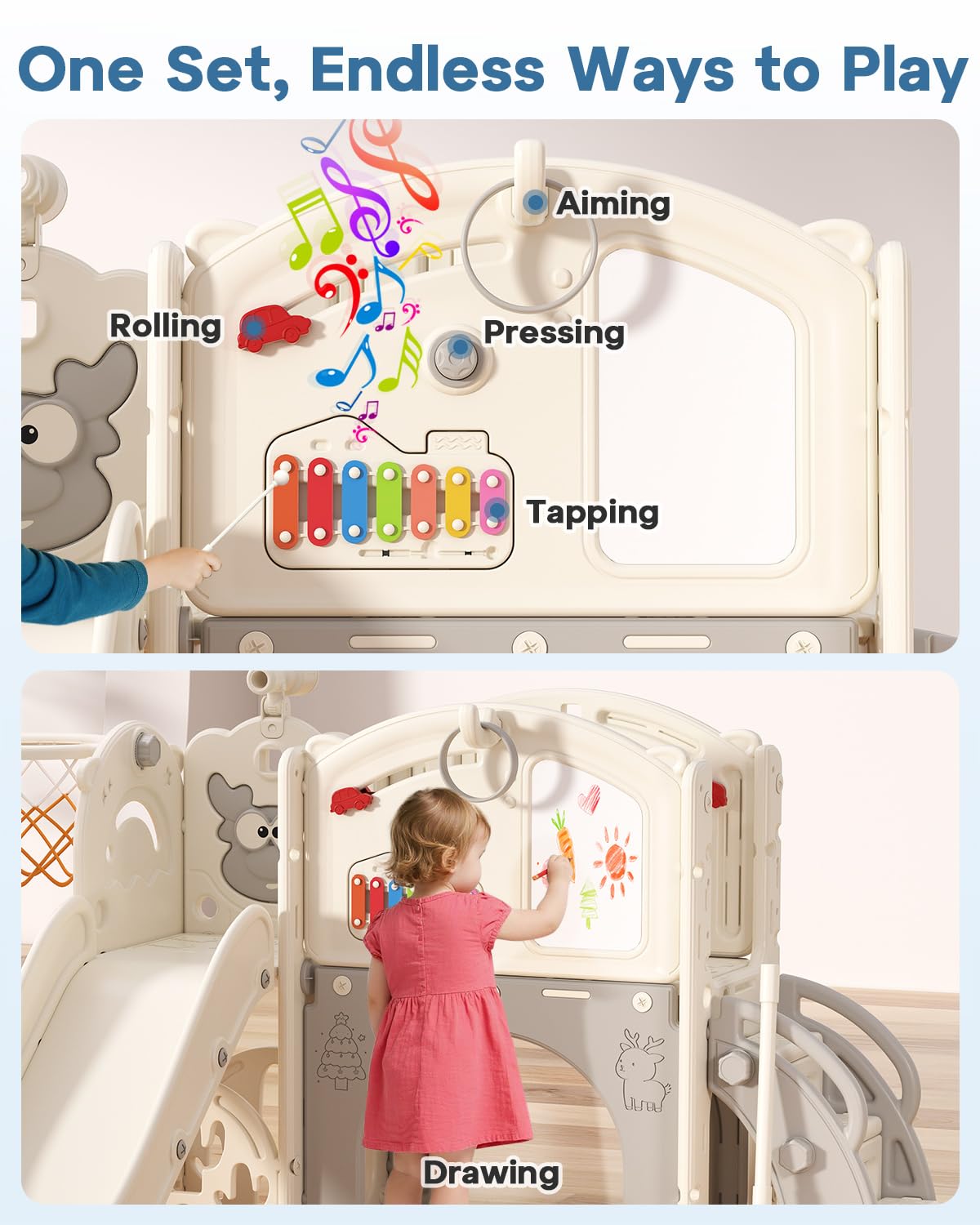 BIERUM Toddler Slide Set, 13 in 1 Kids Indoor Slide for Toddler 1-3, Indoor Outdoor Toddler Slide Playset with Basketball Hoop, Golf Game & Drawing Board, Baby Indoor Slide Playground, Cream&Gray