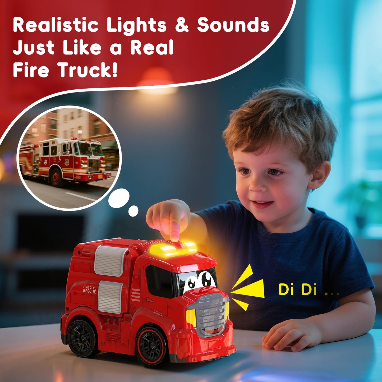 AEROQUEST Remote Control Car for Toddlers 1-3 Fire Truck Toy for Ages 2-4 Lights & Sounds Emergency Cars Preschoolers Fire Engine for Boys & Girls